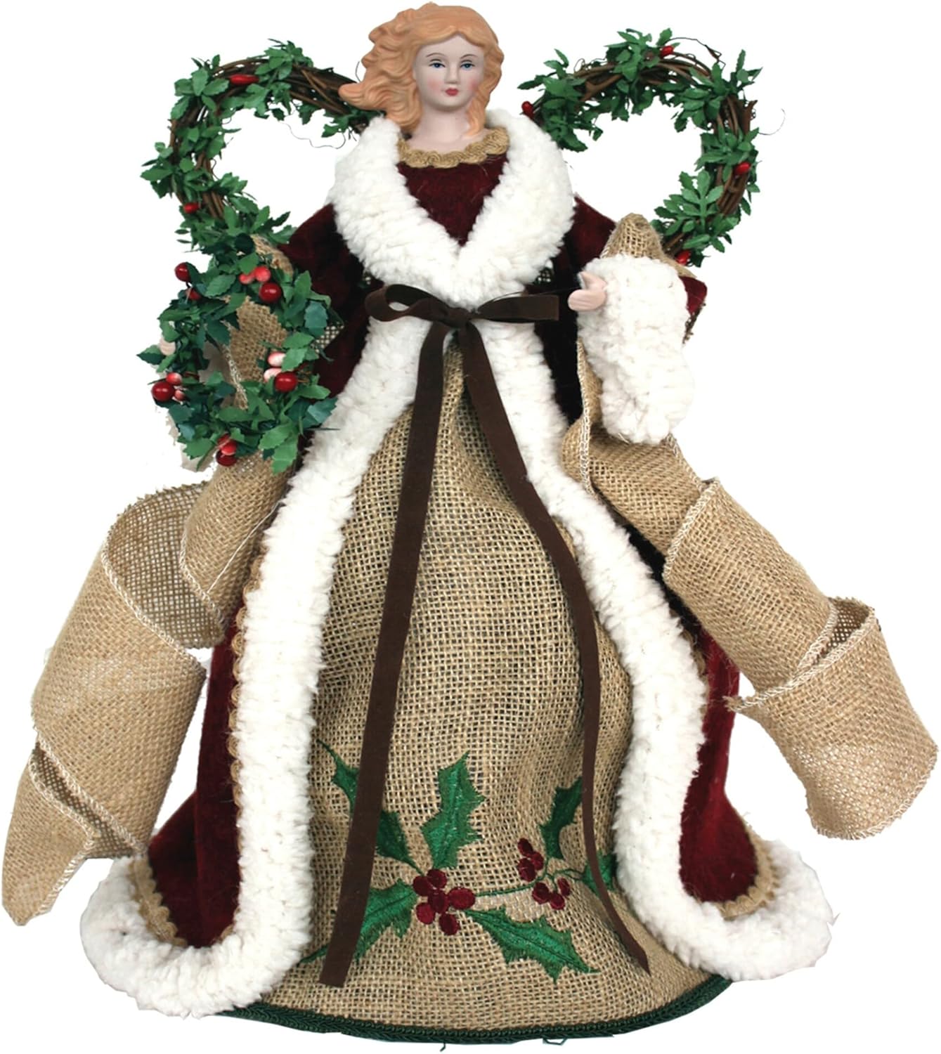 16" Country Poinsettia Angel Tree Topper with Burlap Gown