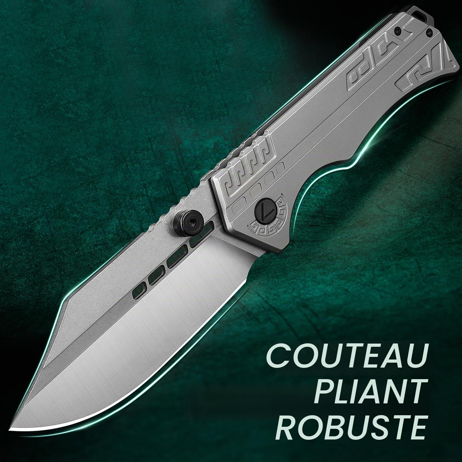 LOTHAR LORD Couteau Pliant, D2 Acier Couteau à une Main Avec Clip de Ceinture, 420 Manche en Acier, Grand Couteau en Plein air, Convient Pour la Collecte