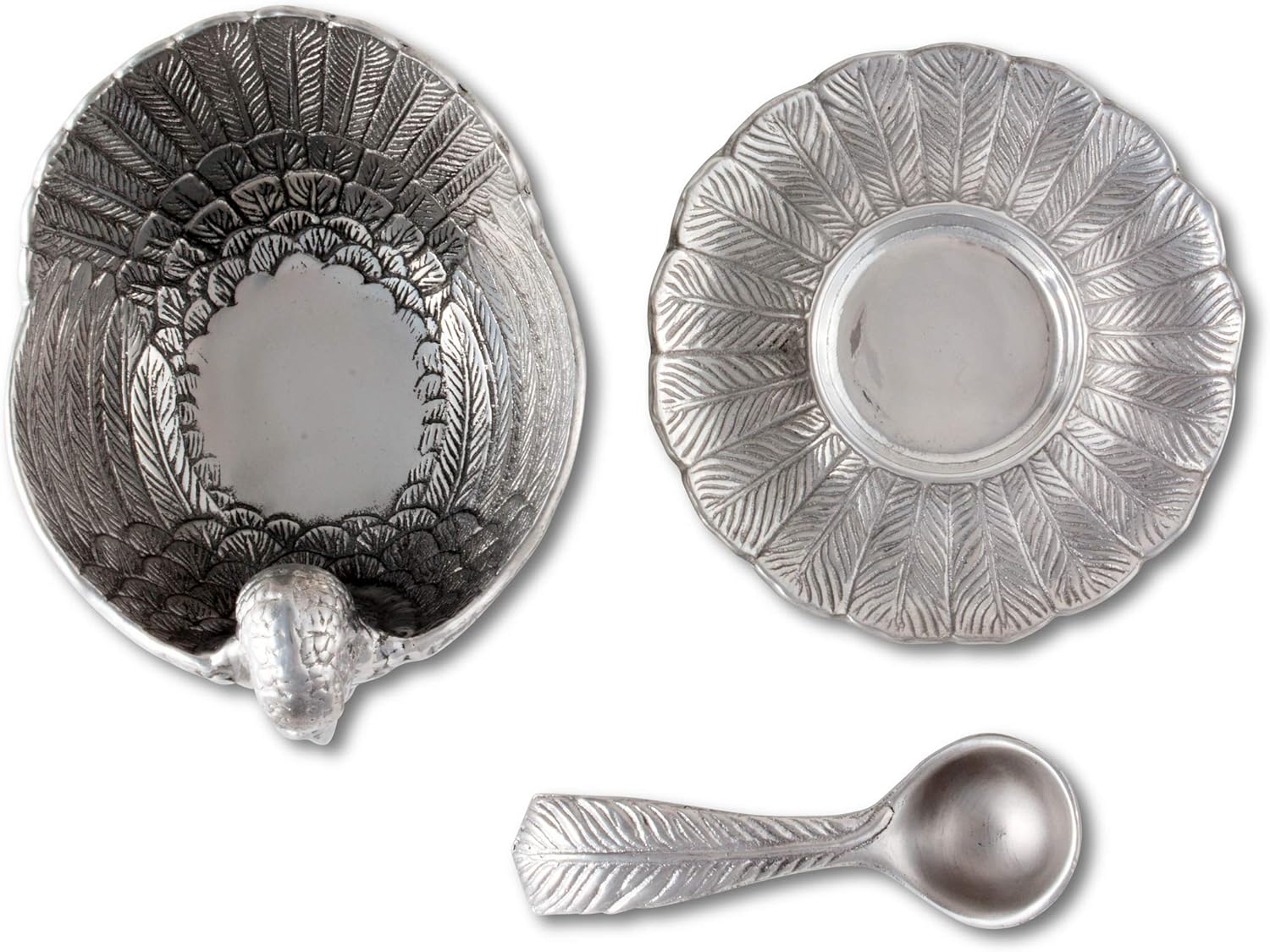 Arthur Court Designs Aluminum Turkey 3-Piece Condiment Set Tray/Bowl/Spoon 7 inch Diameter Tray