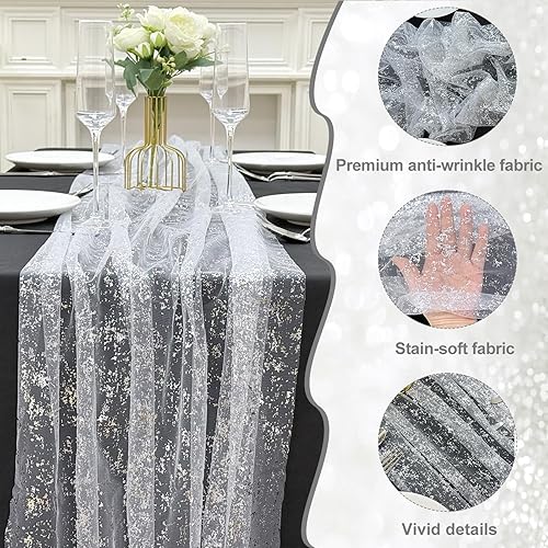 Vista 12 de AerWo 2 caminos de mesa dorados bohemios de 10 pies, con lentejuelas transparentes con purpurina dorada de 120 pulgadas de largo, centro de mesa