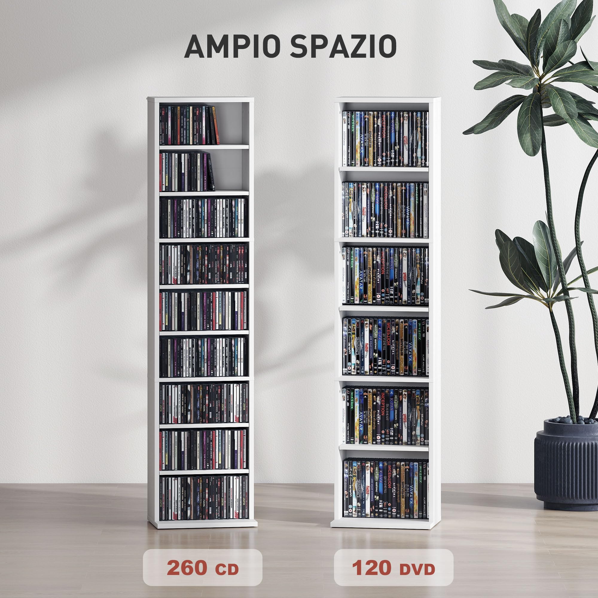 HOMCOM Mobile Porta CD con 6 Ripiani Regolabili, Scaffale Porta 260CD/120DVD Salvaspazio in Legno, Mobile Portacd con 9 Scomparti, per Soggiorno, Camera da Letto, Ufficio, 33x24x140 cm, Bianco