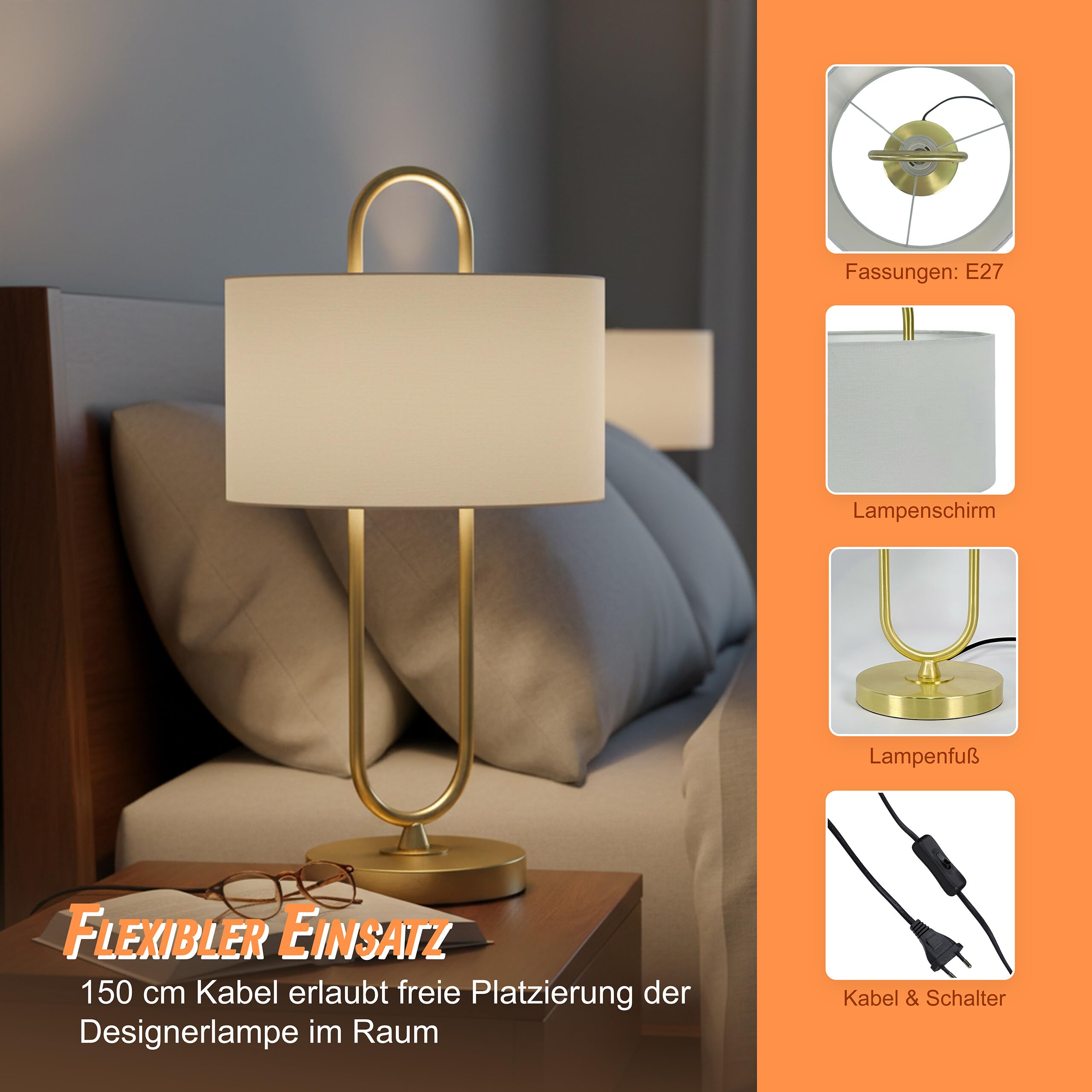 Relaxdays Tischlampe, offene U-Form, Leinenschirm, E27, HD: 55x30,5 cm, Nachttischlampe mit Kabel, Schlafzimmer, Farbe