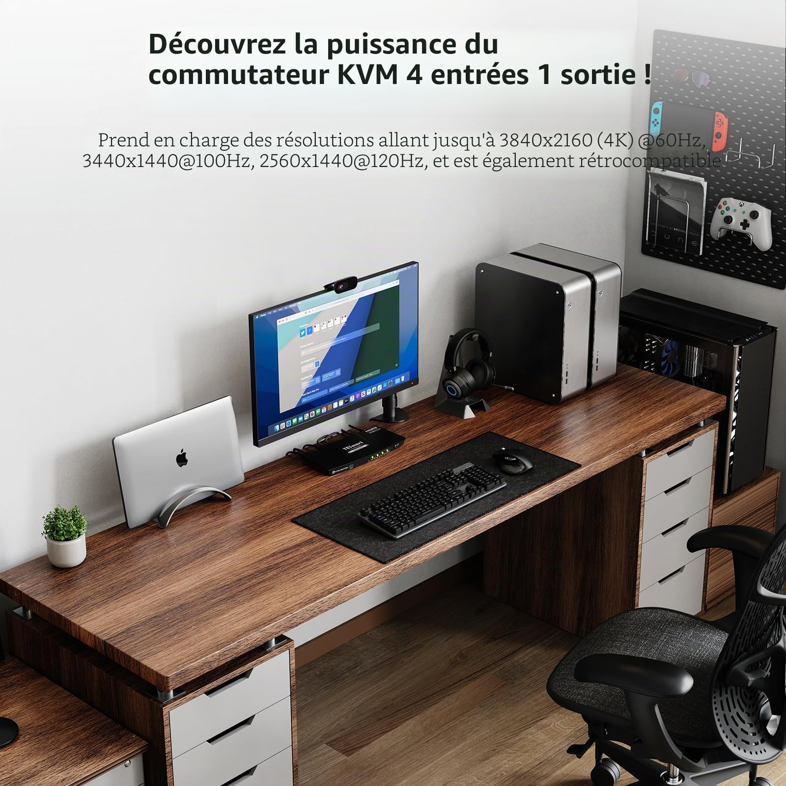 TESmart Pack KVM HDMI 4K@60Hz 4 PC 1 Moniteur + Câble HDMI 2.1 Fibre Optique 10 m 48 Gbit/s 8K@60Hz HDCP 2.3