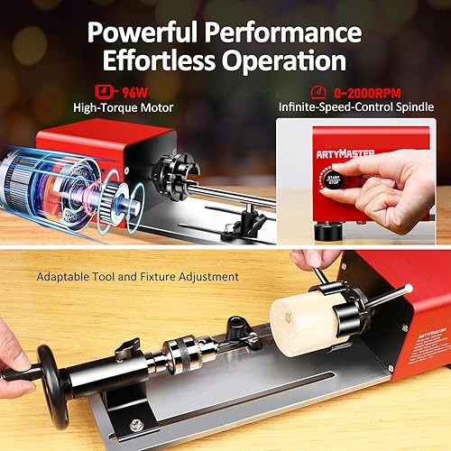 Miniatura 4 de Mini torno WM101A-Plus, mini torno de madera, torno eléctrico de 24 V CC 96 W, pequeño torno de sobremesa con kits de herramientas de torno de