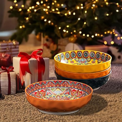 Miniatura 4 de Cuencos grandes bohemios para servir, cuencos de ensalada de frutas de 10.2 pulgadas, platos decorativos para entretenimiento, juego de 2 cuencos de