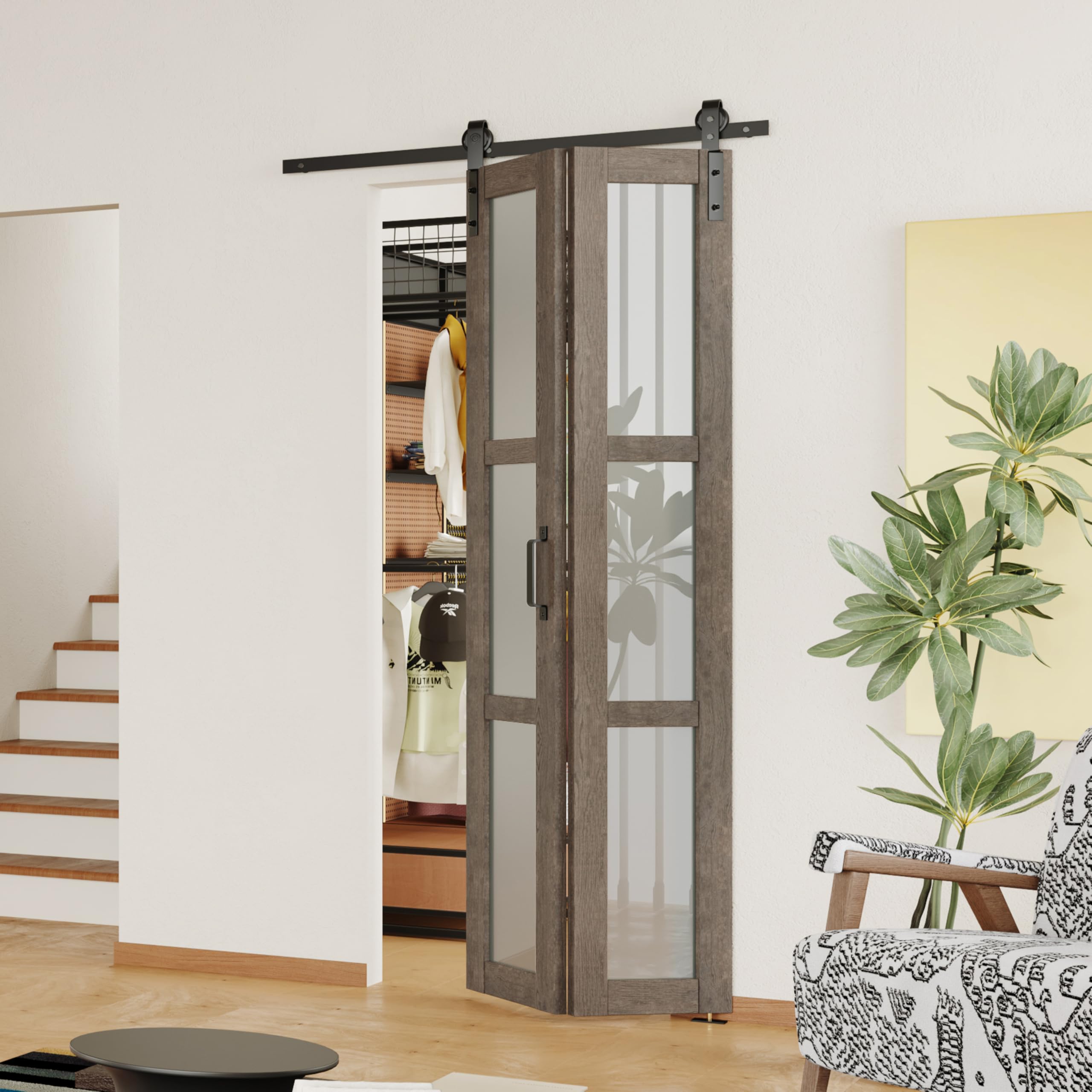 36" x 84" Bifold Barn Door, 3 Lite Frosted Glass with Sliding Hardware Kit Set, One Track for 2 Pre-drilled Holes Door Panels, Easy Assembly, MDF, Gray Brown
