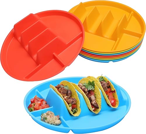 Paquete de 8 platos de plástico para tacos, platos grandes de 10 pulgadas con divisores, coloridas bandejas de tacos para el día del taco, martes de