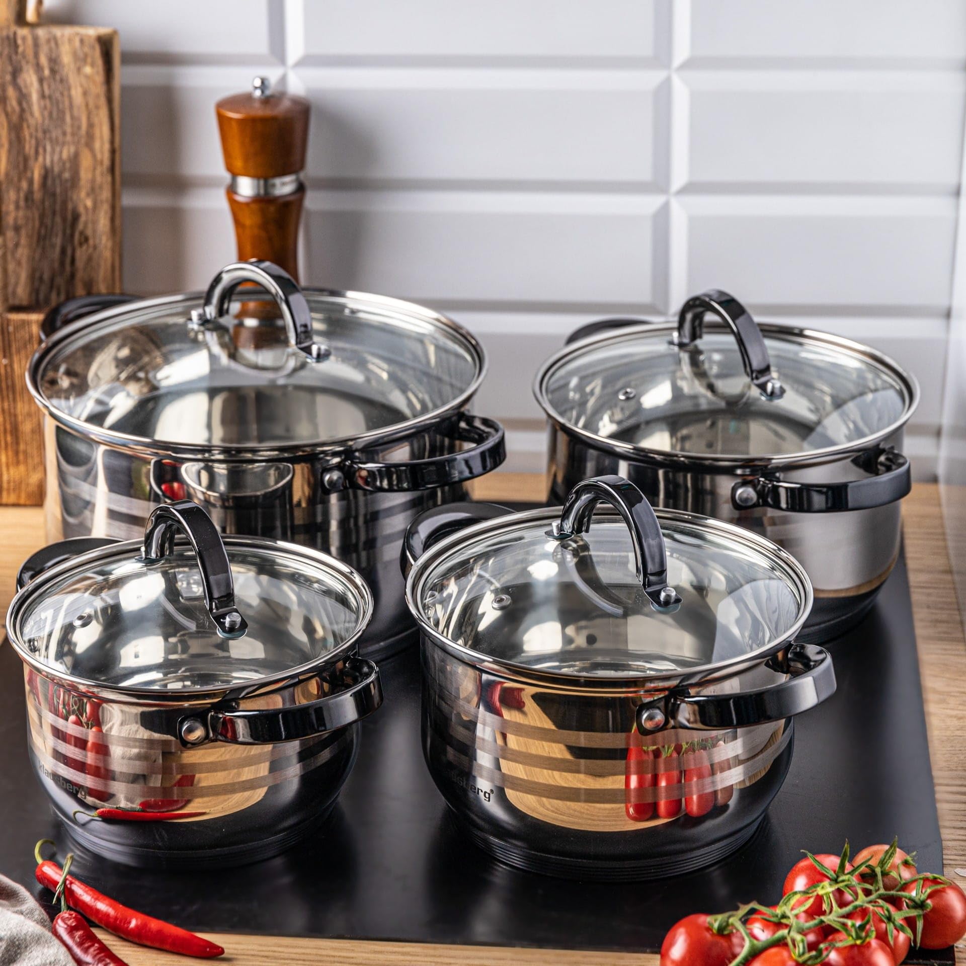 8-teilig Edelstahl Kochtopf Set Topfset mit Glasdeckel Topfe Induktion KLAUSBERG KB-7701