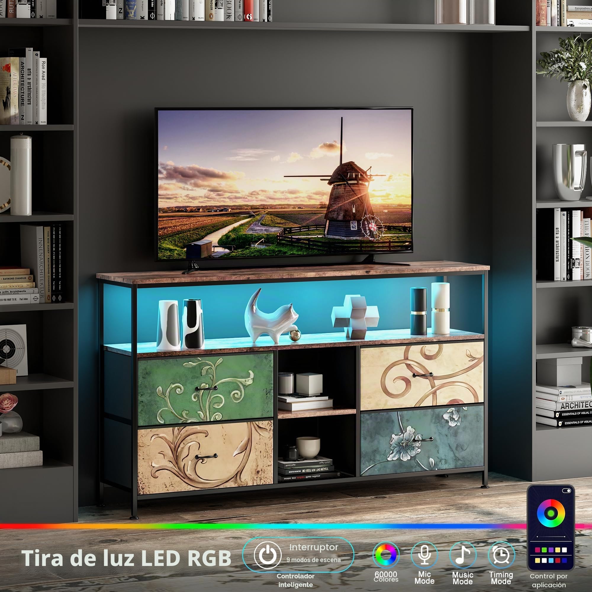 Mueble TV de 108 cm, mueble de TV industrial con 4 cajones, mesa TV, salón, muebles, tele LED, madera, banco de TV, tela, cajones, marco de acero, mueble de almacenamiento industrial dormitorio (4