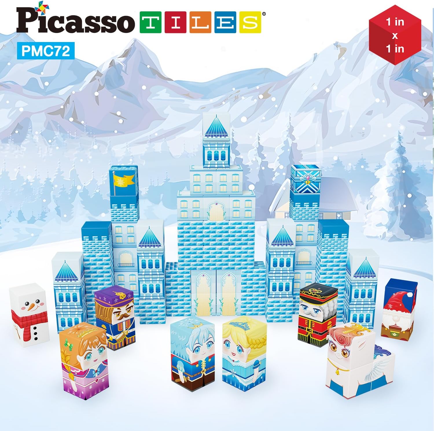 PicassoTiles Magnet Cube Winter Ice Themed Mix and Match Building Block Castle Construction Toy with 7 Magnetic Cubed Character Action Figures STEM Learning Education Sensory Pretend Play Age 3+ PMC72