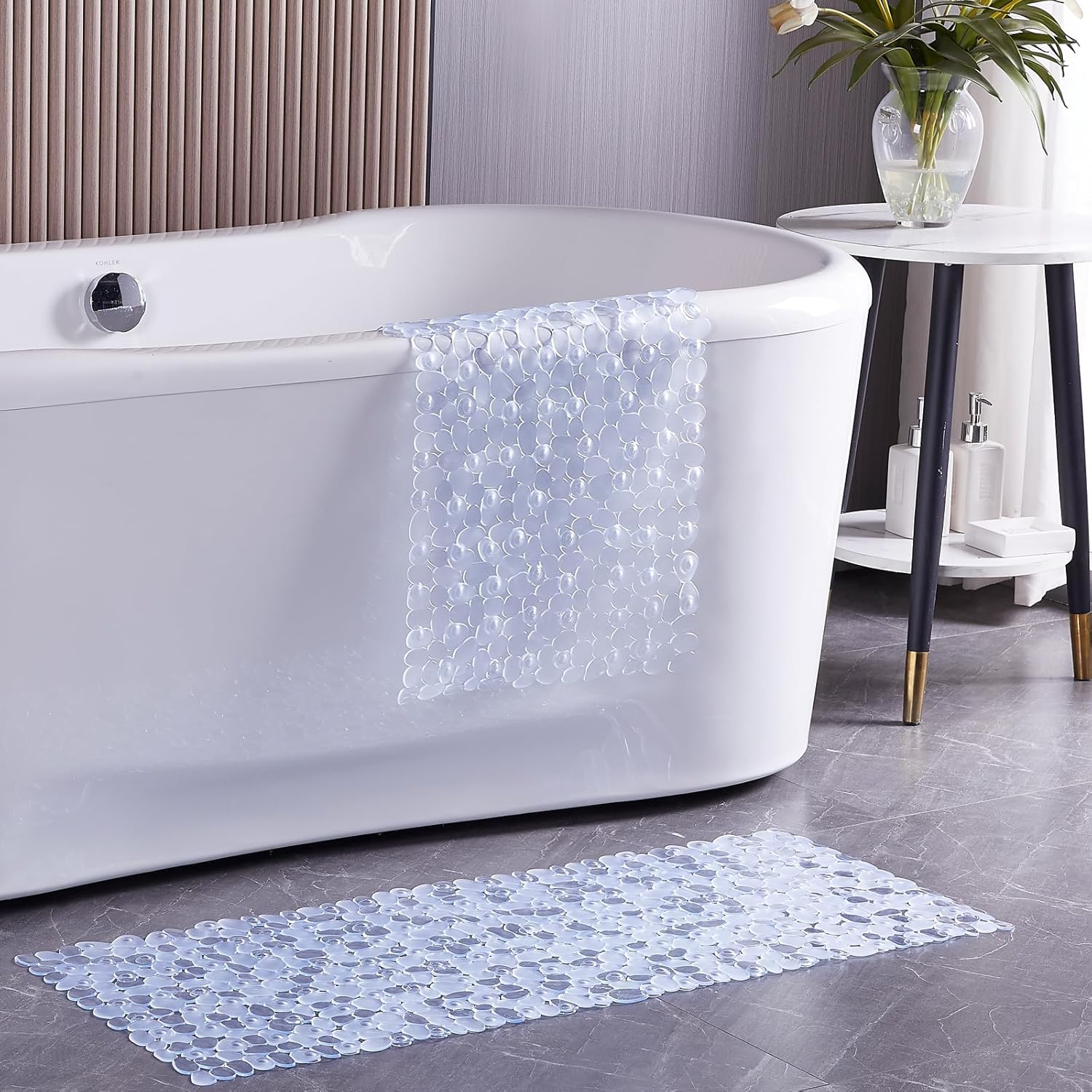 Bath Shower Mat Non Slip: Extra Large Pebble Bathtub mat for Families, Anti Slip Shower Matt with Drain Holes Suction Cups Tub Mat - 16 X 40 Inch Clear - Image 3