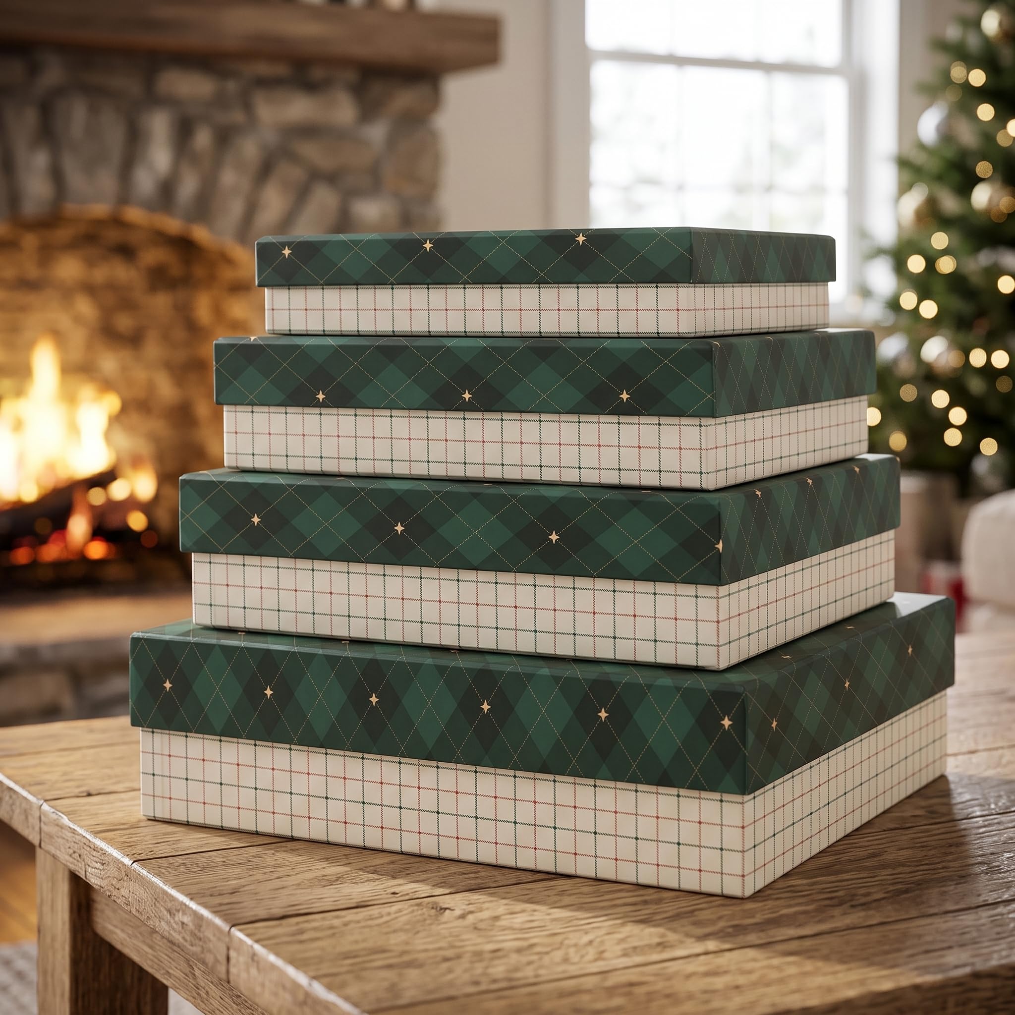 Soul & Lane - Lot de 4 boîtes cadeaux de Noël à carreaux avec couvercles, boîtes de vacances