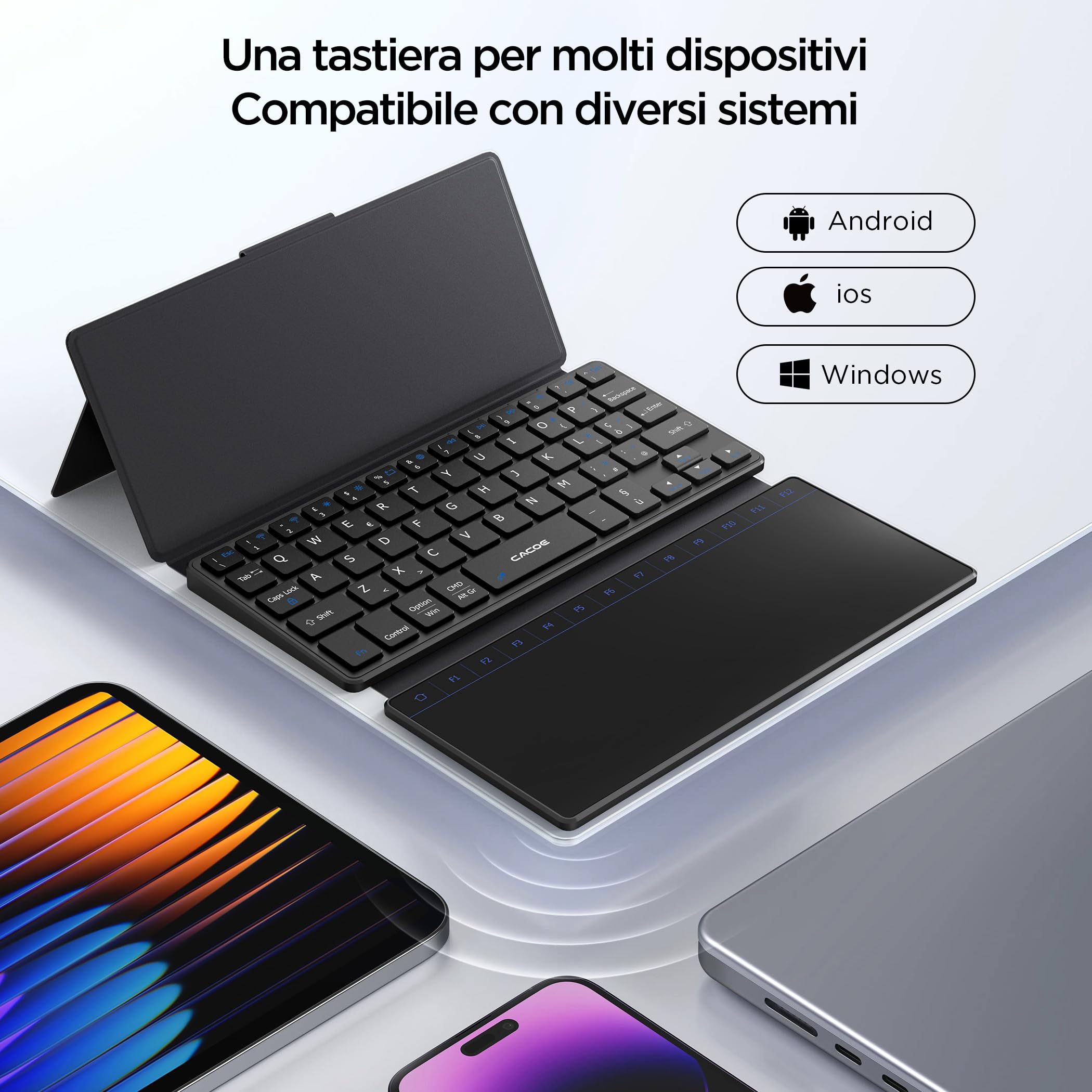 CACOE Mini Tastiera Bluetooth a Doppio Canale con Touchpad | Wireless Tastiera per QWERTY, Ultra-Sottile e Portatile con Supporto per Smartphone (iOS, Android, Windows), Nera