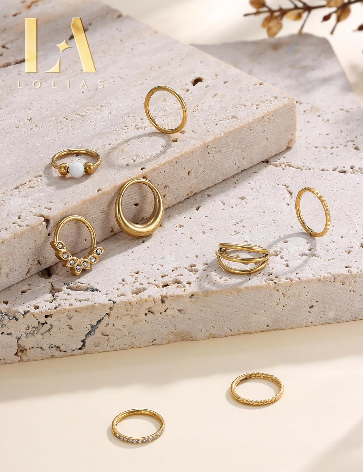 LOLIAS Septum Nose Rings Hoops - 316L Surgical Steel Septum Rings CZ Opal Silver 14K Gold Plated Hoop Nose Ring for Women 16G/18G Clicker Cartilage Earring Conch Daith Nostril Piercing Jewelry 8mm/10mm 8Pcs - Image 3