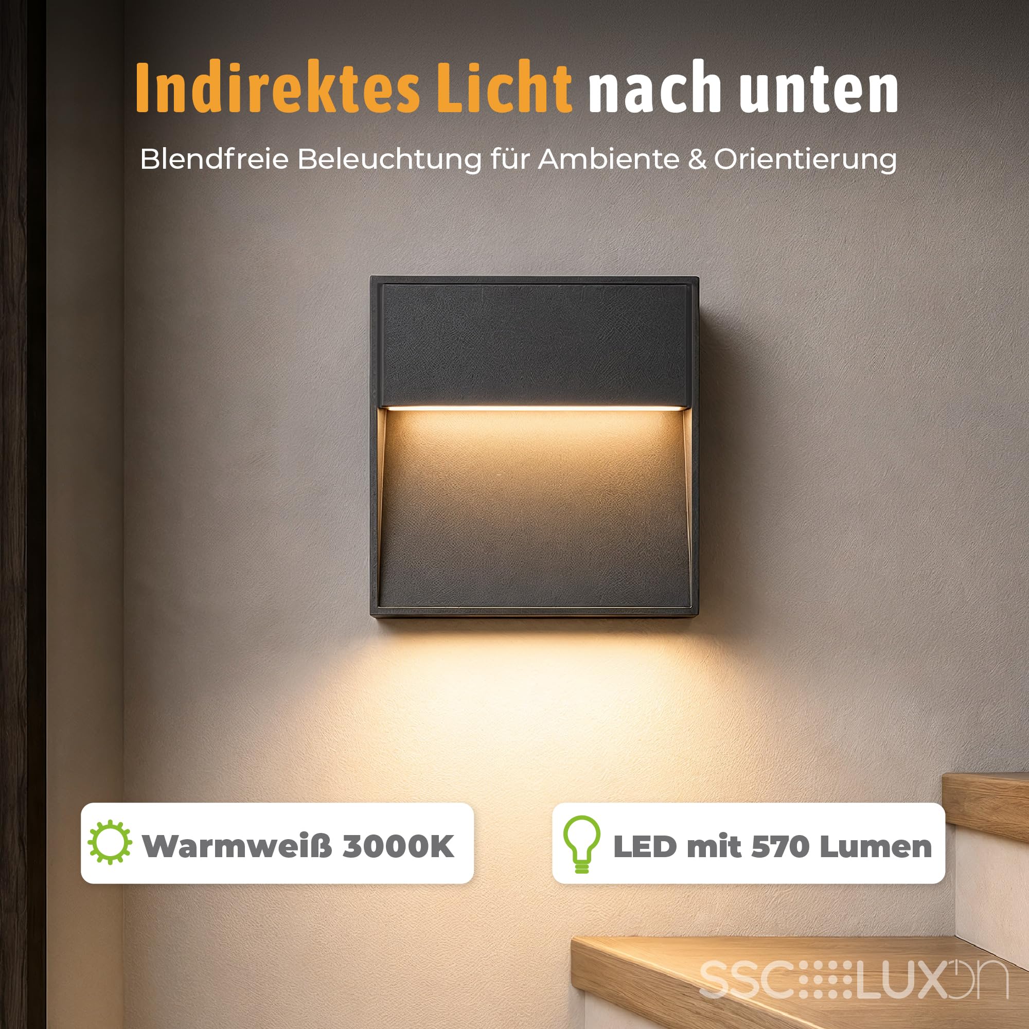 SSC-LUXon 3x ELEVA Treppenleuchte anthrazit eckig - Treppenstufenbeleuchtung IP54 warmweiß 4W - Wandlicht für Innen & Außen rostfrei