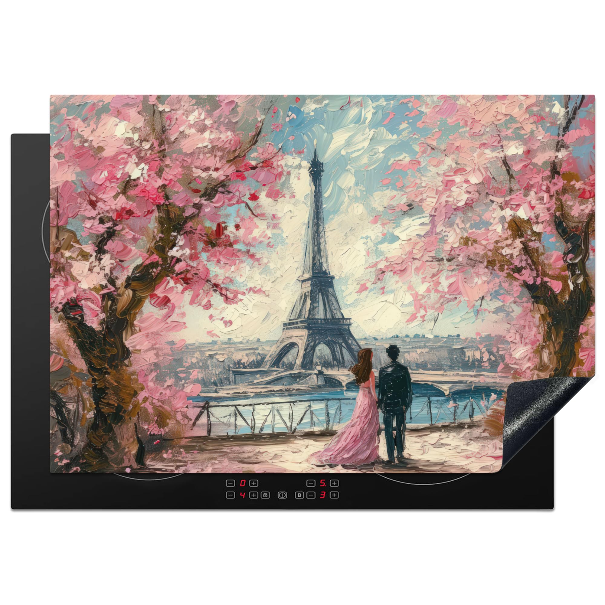 KitchenYeah© Induction Hob Protector Mat 20.5"x29.5" / 75x52 cm Cooker Top Protectors Cover Ceramic Covers Electric Hobs Vinyl Eiffel Tower - Couple - Pink - Romantic - Trees - Paris