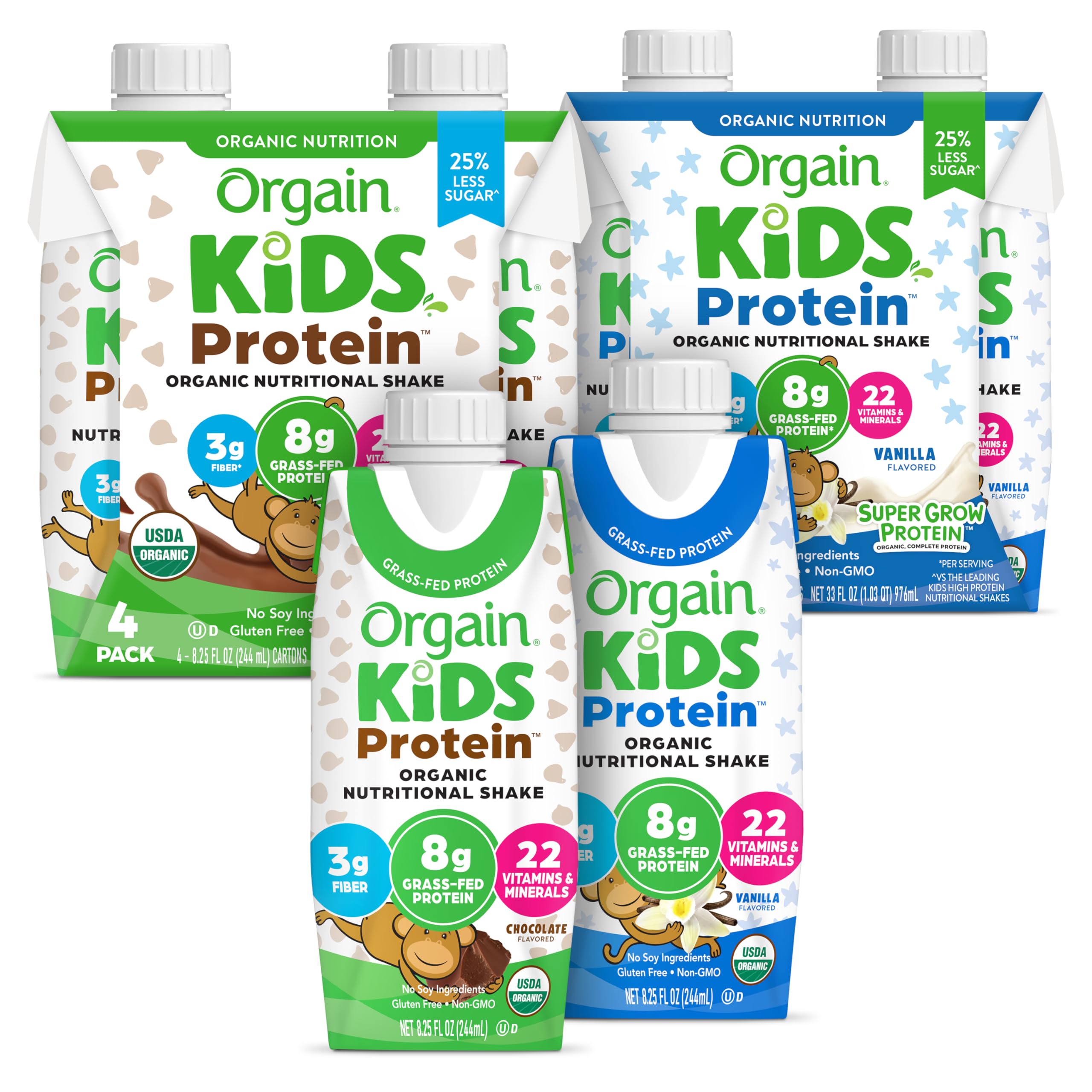 Orgain Organic Kids Protein Nutritional Shake Bundle - Chocolate & Vanilla, 8g Protein, 22 Vitamins & Minerals, 8.25 Fl Oz (Pack of 4 Each)