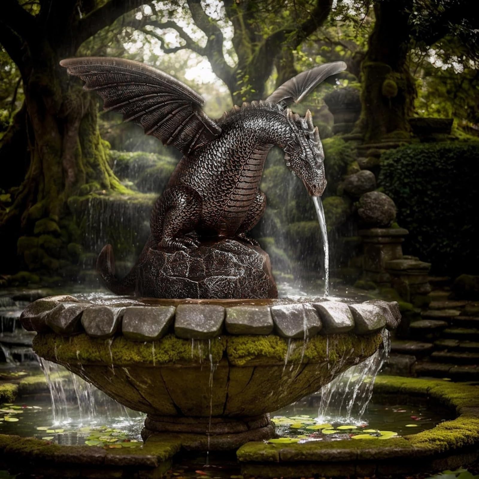 Fontana da esterno a forma di drago - Statua da giardino a forma di drago sputacchiere for laghetti koi, cortili e giochi d'acqua (design resistente alle intemperie)