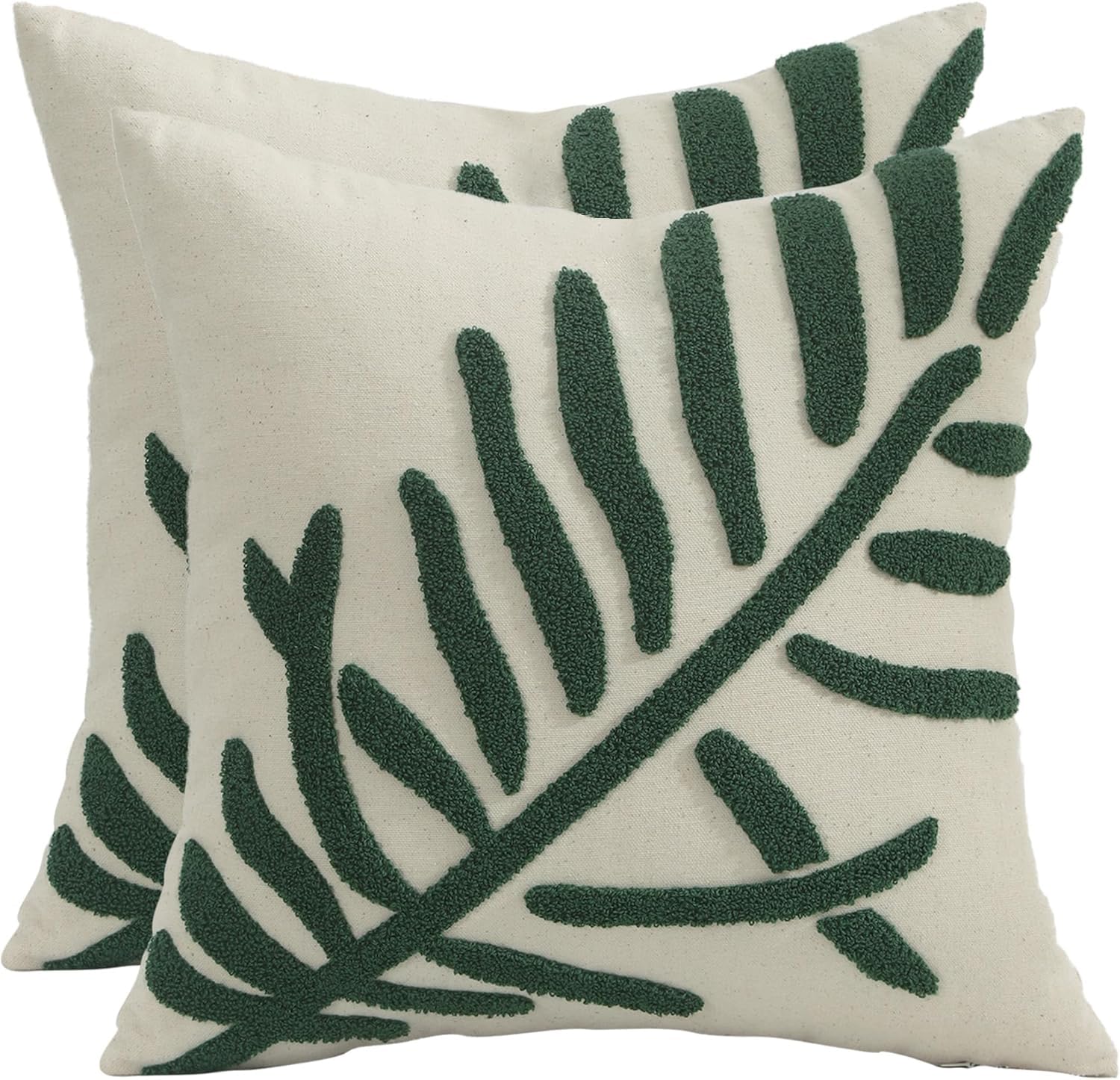 Tosleo Leave Throw Pillow Covers 18x18 inch Pack of 2 Green Tropical Leaf Embroidered Pillowcases Farmhouse Cotton Plant Pillow Cushion Cases Boho Home Decor Square Floral Tufted Pillow Case