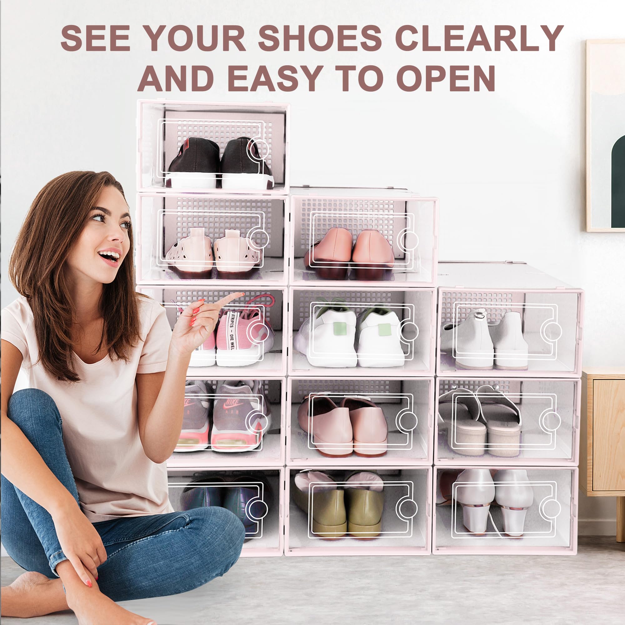 Kuject - Contenitori per scarpe per armadio, in plastica trasparente, impilabili, con cassetti e coperchi, per vestiti, sotto il letto, contenitori per scarpe, per ingresso, con apertura frontale