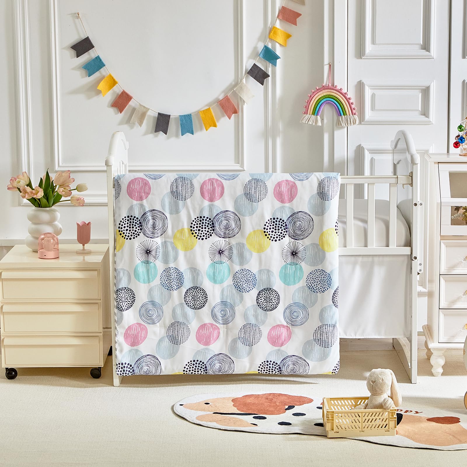 3 Pieces Crib Bedding Set White for Baby Quilted Comforter with Fitted Sheet and Bed Skirt for Boys Girls Cute Circle Style Baby Bed Set with Teal Pink Yellow Gray Colorful Dots Baby Bedding Set