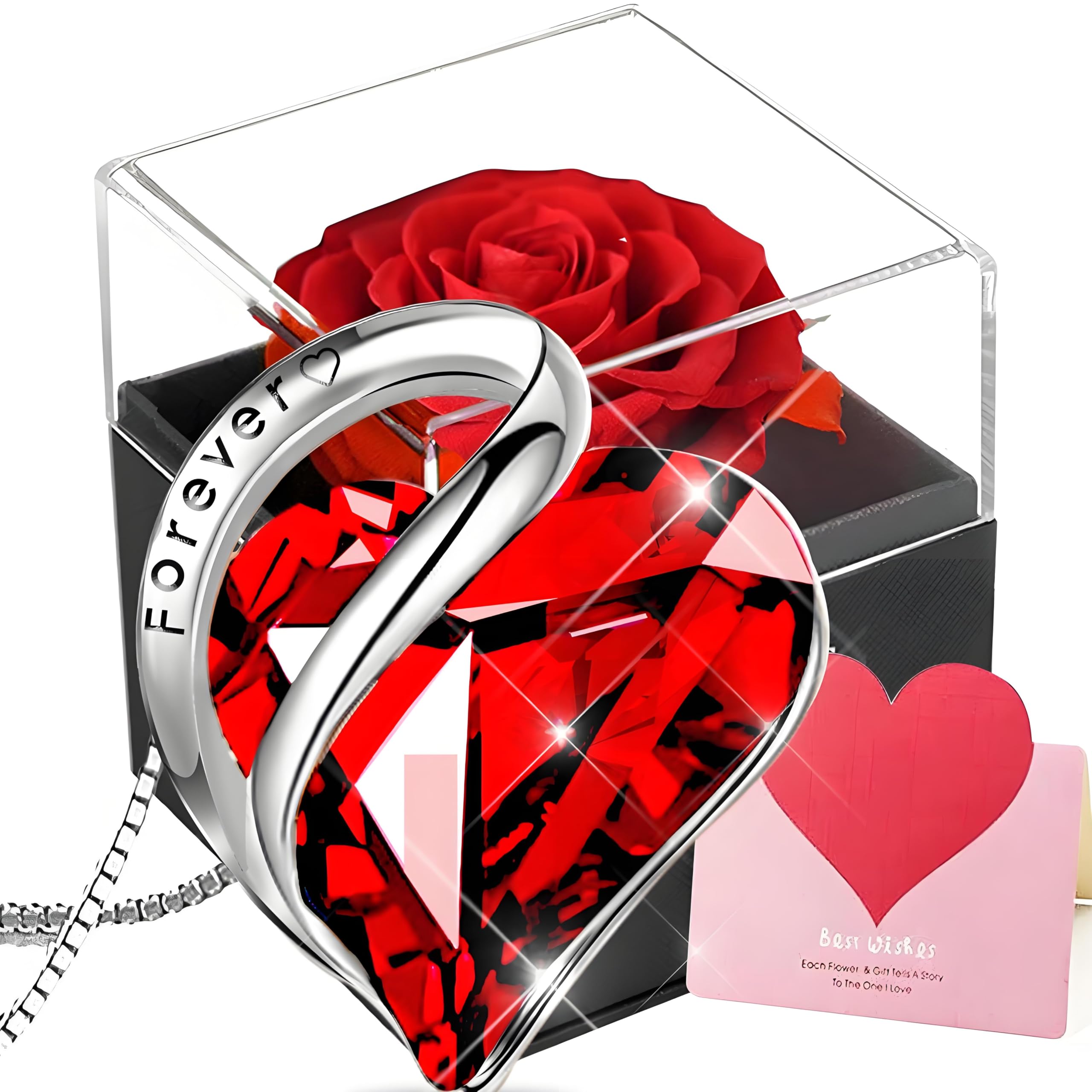 Rosa Eterna con Collana,Rosa Stabilizzata Vera con Ciondolo Rubino Argento 925 Donna，Eternal Rose Confezione Regalo,Regalo per La Festa Della Mamma,San Valentino Anniversario Matrimonio per Lei