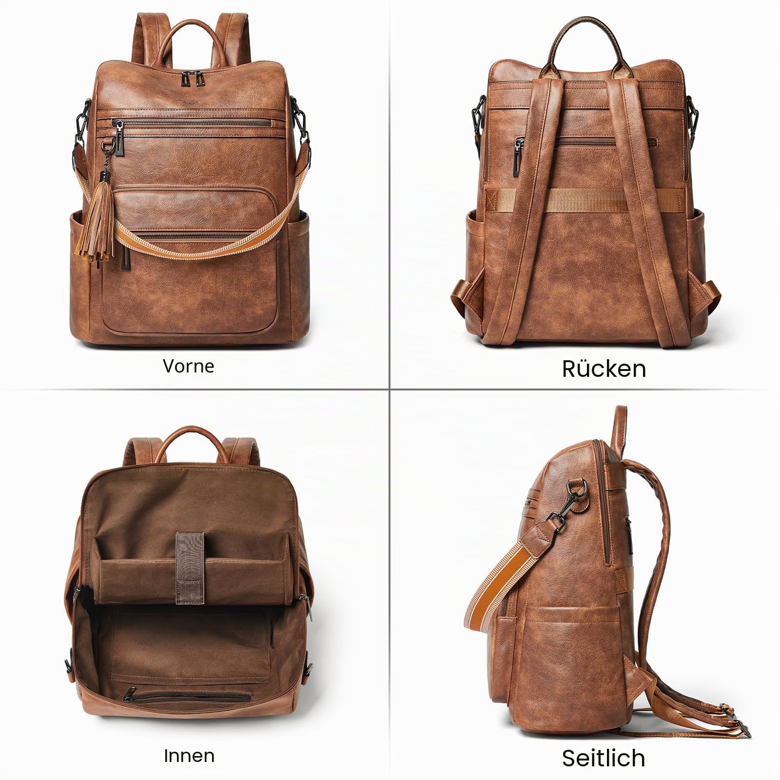 Shrrie 15,6 Zoll Laptop-Rucksack für Damen – Großer Reiserucksack aus Leder, wasserabweisend, für Freizeit, Uni, Arbeit, Handgepäck-Zweifarbiges Braun