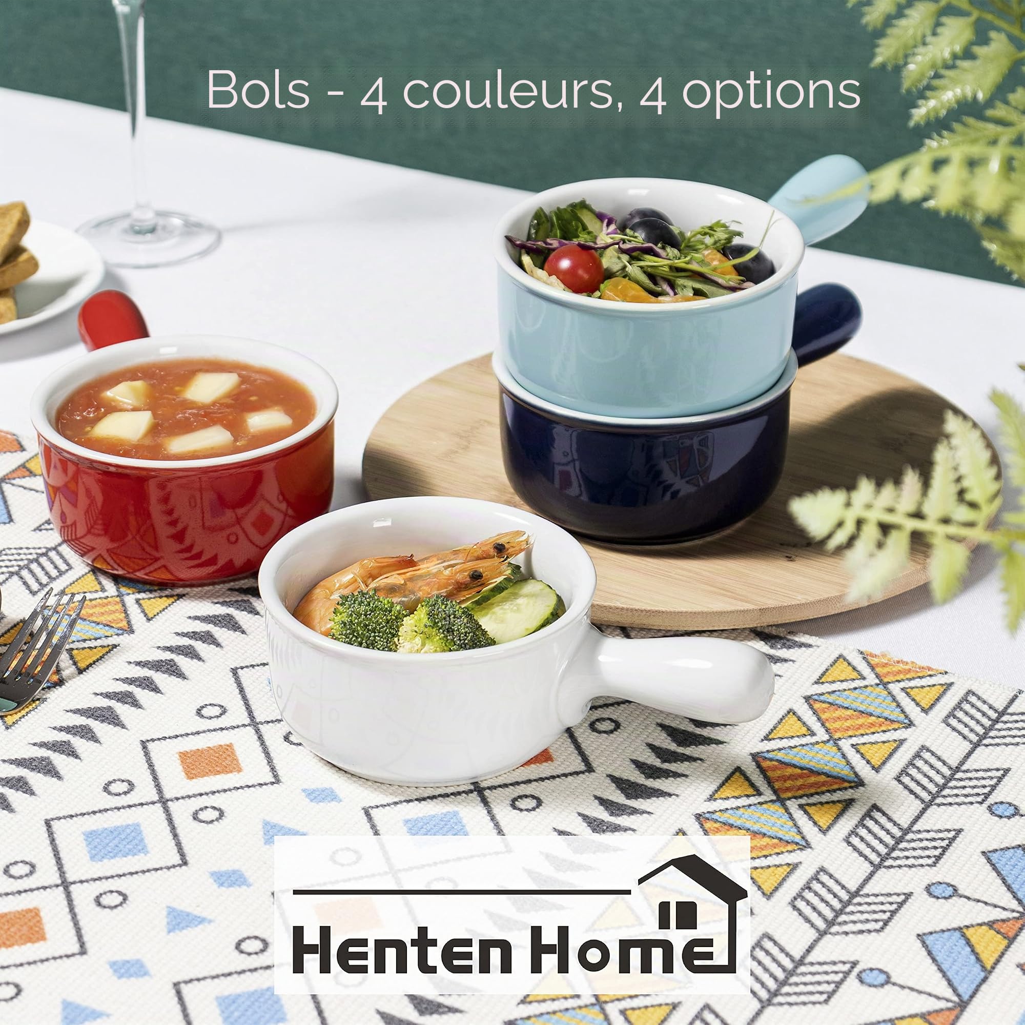 Henten Home 4pcs Bols à Soupe, Bol Petit Déjeuner à l'oignon en Céramique - 400ml, Bols avec Poignées pour 4 Personnes, Four et Lave-vaisselle Convient - Rouge