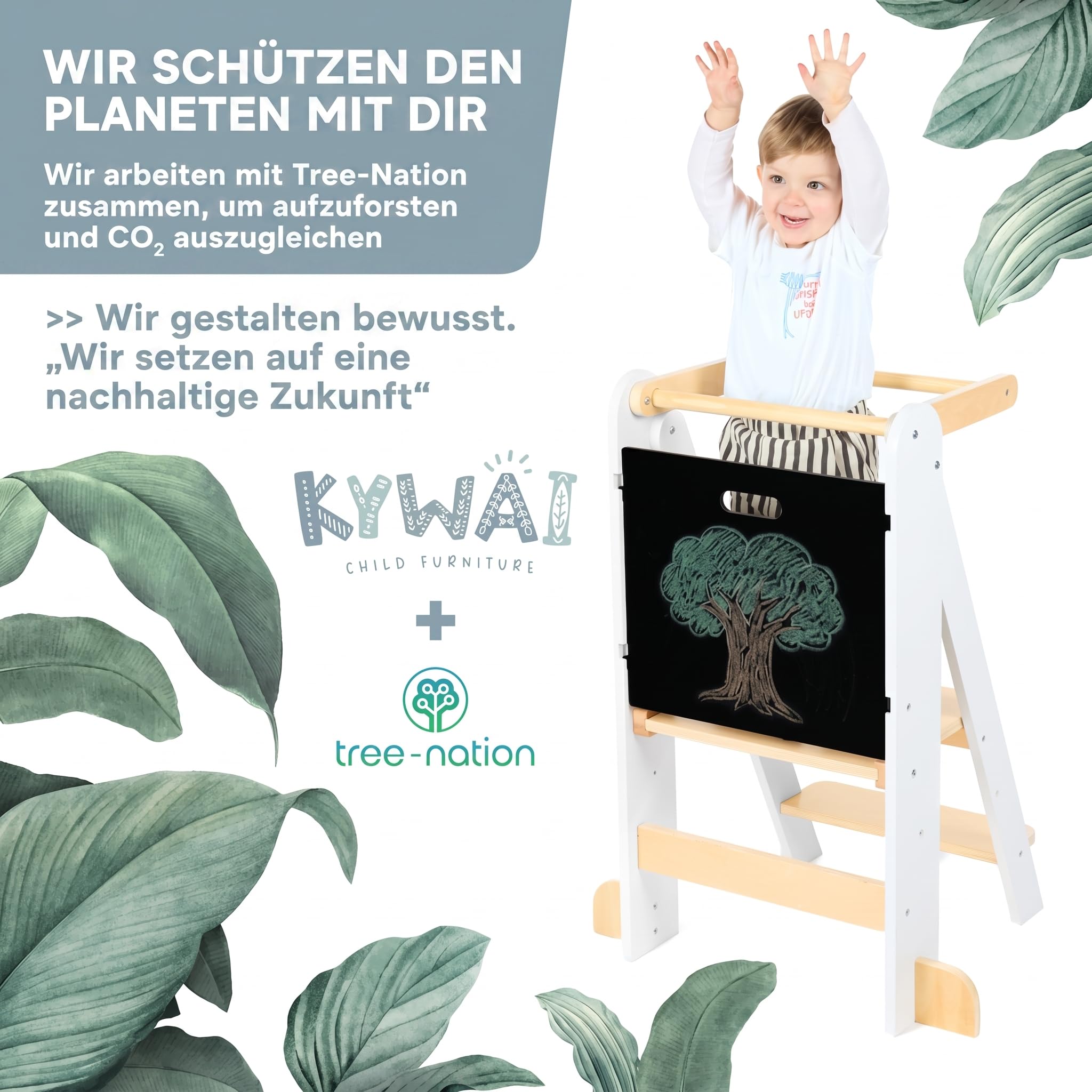 Lernturm ab 1 Jahr Klappbar, Lernturm Klappbar mit 2 Höhen, Abnehmbarer Tafel, nordisches Design, Kippschutz – FSC-Holz – Marke mit Engagement für globale Wiederaufforstung