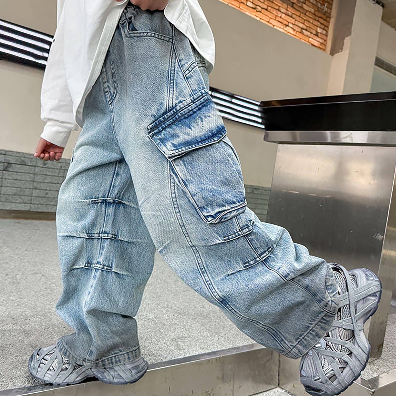 Jeans baggy para niños Vaqueros de cintura media Tejido denim resistente Vaqueros estilo callejero Elásticos y cómodos Pantalones de denim lavados Diseño unisex niño y niña Tendencia moderna juvenil