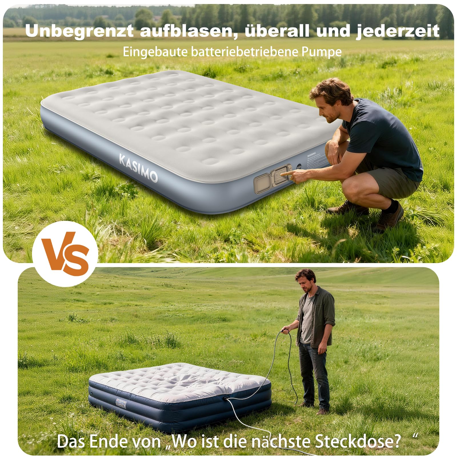 KASIMO Luftmatratze selbstaufblasend, luftbett 2 Personen, Gästebett mit integrierter Elektrischer Pumpe, aufblasbare matratze mit Kissen, luftmatratze 195x148x25cm für Gäste zu Hause und Camping