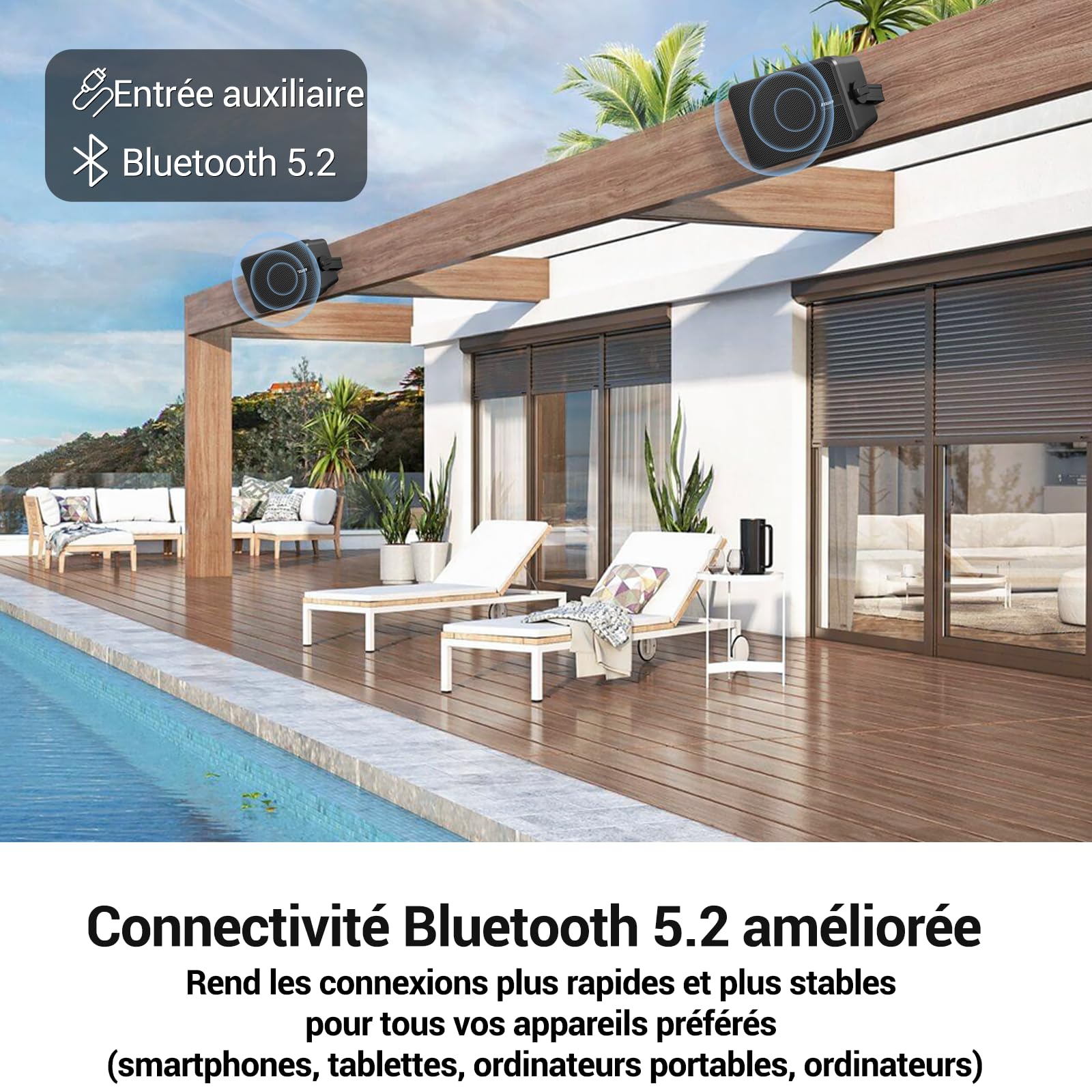 Inwa Enceinte Bluetooth 500 W - Support mural actif / passif - IPX5 - Sans fil - Stéréo - Aux - Pour l'intérieur et l'extérieur couvert - Paire - MZ660 - RMS 50 W
