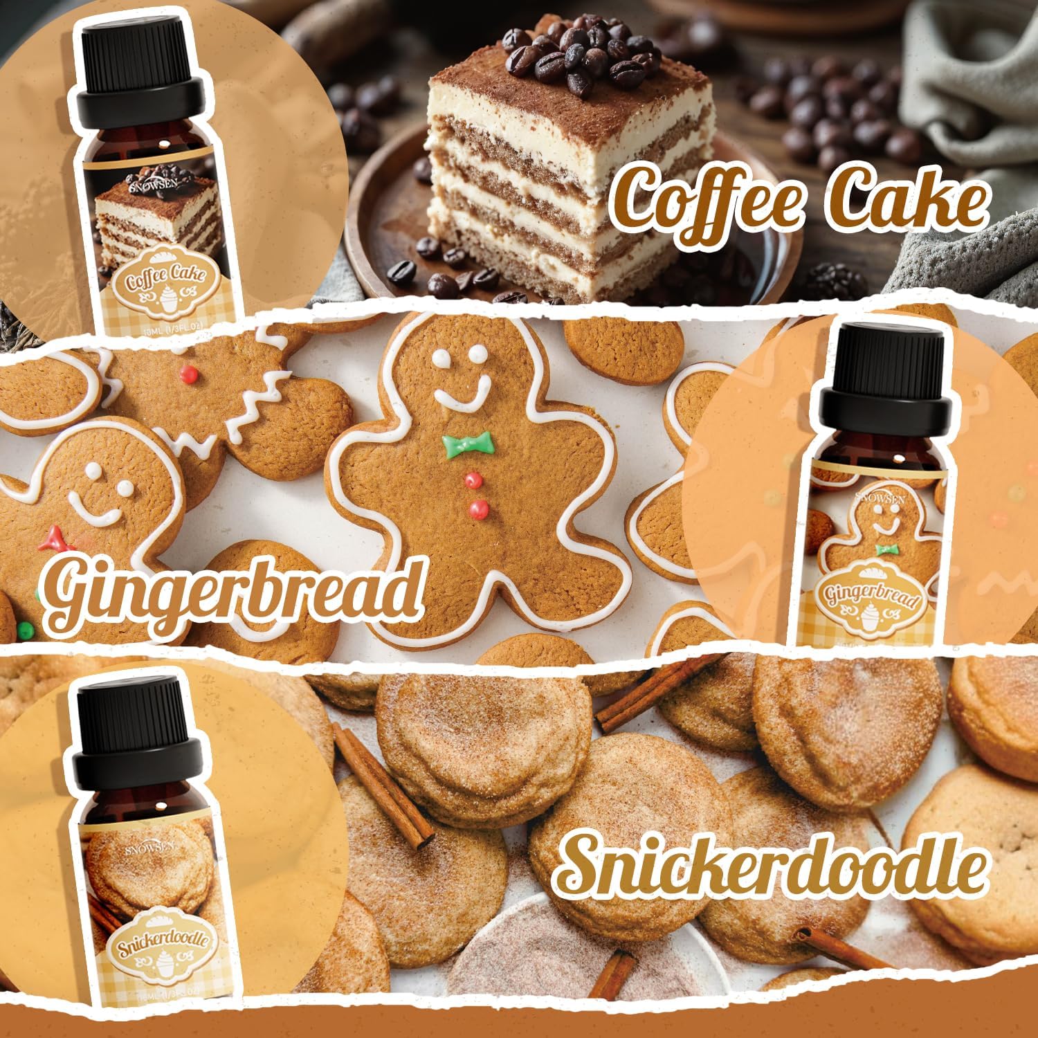 Bakery Essential Oils Gift Set, SNOWSEN Dessert Fragrance Oils for Diffuser for Home, Pumpkin Pie, Waffle, Coffee Cake, Chocolate Cupcake, Gingerbread, Snickerdoodle Aromatherapy Oils - Image 4
