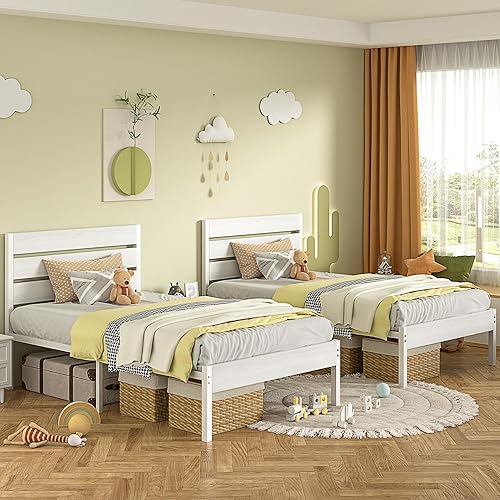 Miniatura 10 de VECELO Juego de 2 marcos de cama tamaño individual con cabecera y estribo de madera, marcos de plataforma resistentes con sistema de soporte de