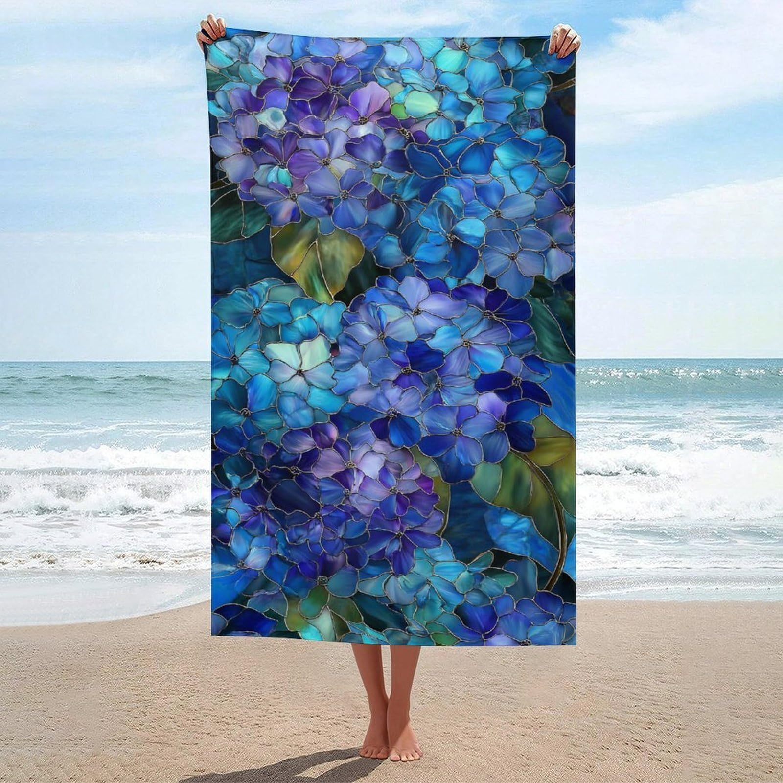LSRCPD Dense Clusters of Hydrangea Beach Towel Sand Free Microfiber Large Shower Towels Multipurpose Absorbent for Bathroom Pool 130x80 CM