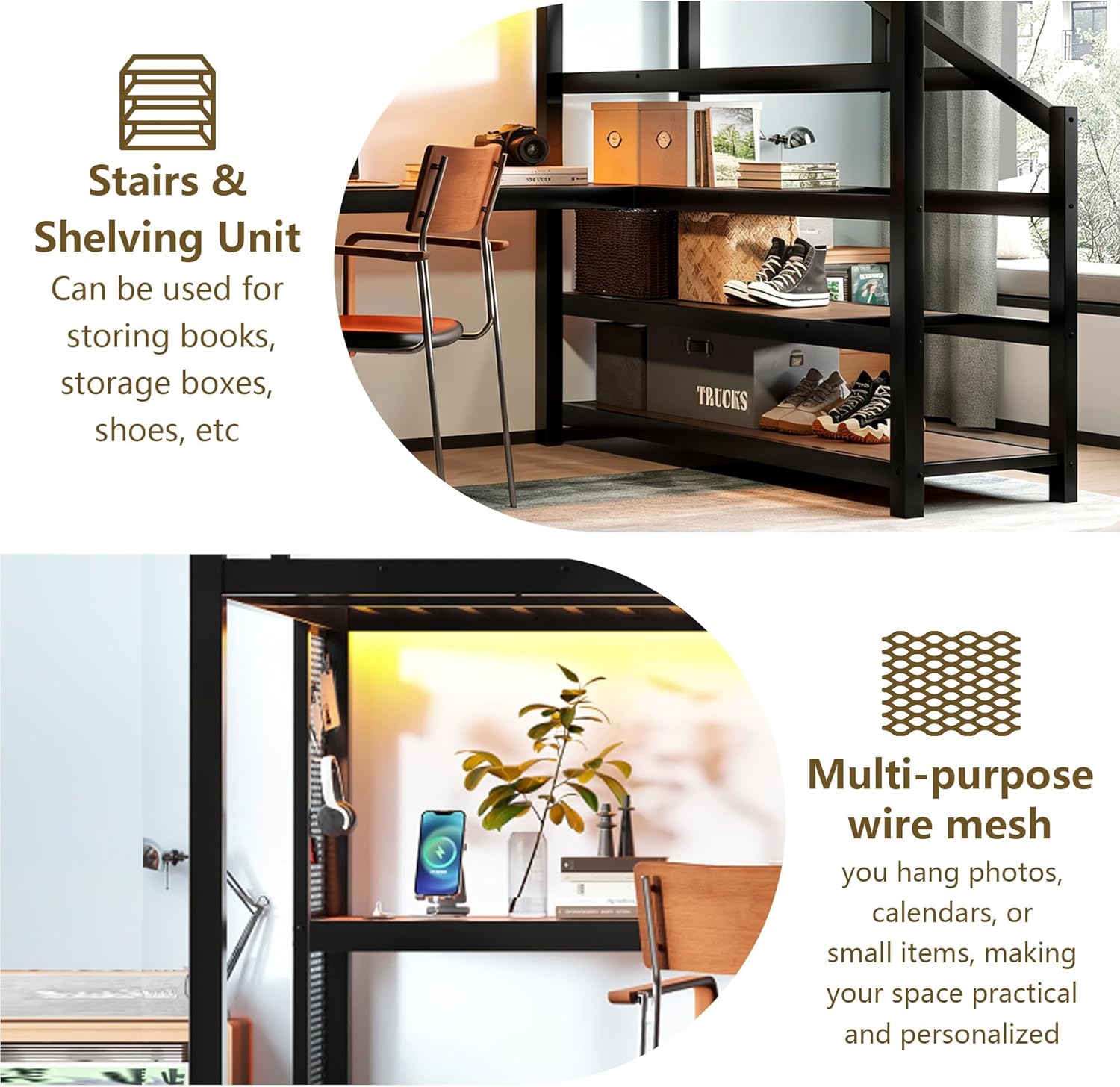 Bellemave Queen Loft Bed with Desk & Storage Stairs, Metal Queen Size Loft Bed Frame with Iron Nets, LED Lights & USB Ports, Heavy Duty Adult LoftBed for Bedroom, Noise-Free, Black