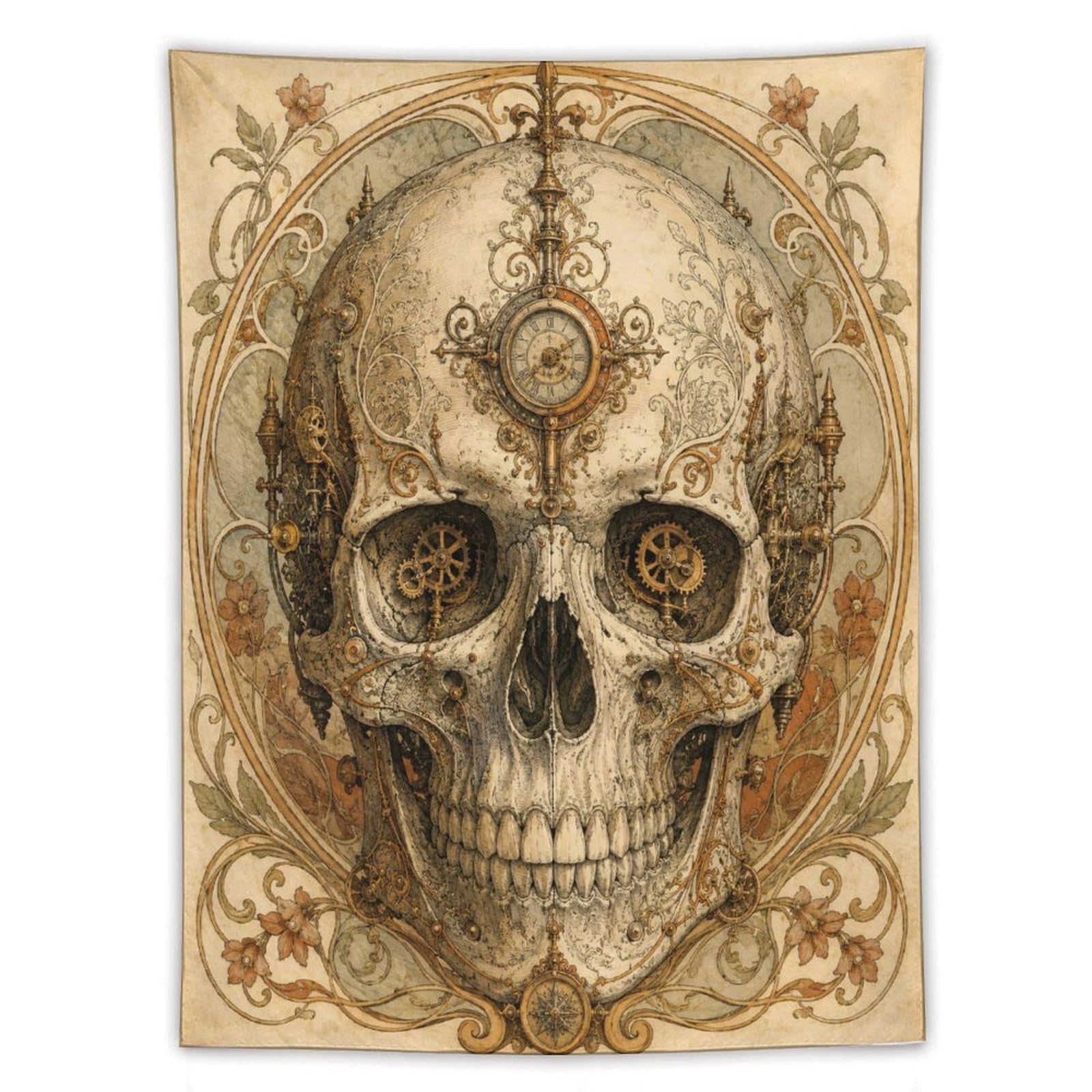 W7C8U2X3 Clockwork Skull Wall Tapestry, Fantasy Illustration, Entryway