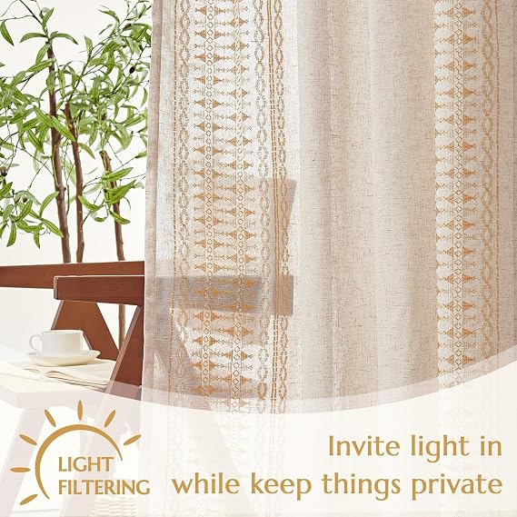 jinchan Boho Curtains Embroidered Linen Blend Window Curtains for Bedroom Geometry Grommet Bohemian Window Drapes Set for Living Room 63 Inches Long 2 Panels Gold on Beige