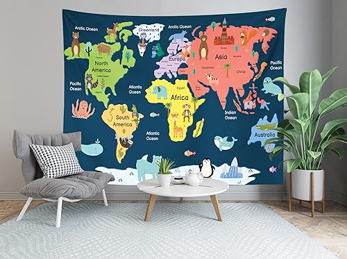 Miniatura 5 de BELECO Tapiz de mapa del mundo infantil para colgar en la pared, diseño de animales de dibujos animados, para dormitorio, sala de estar, dormitorio