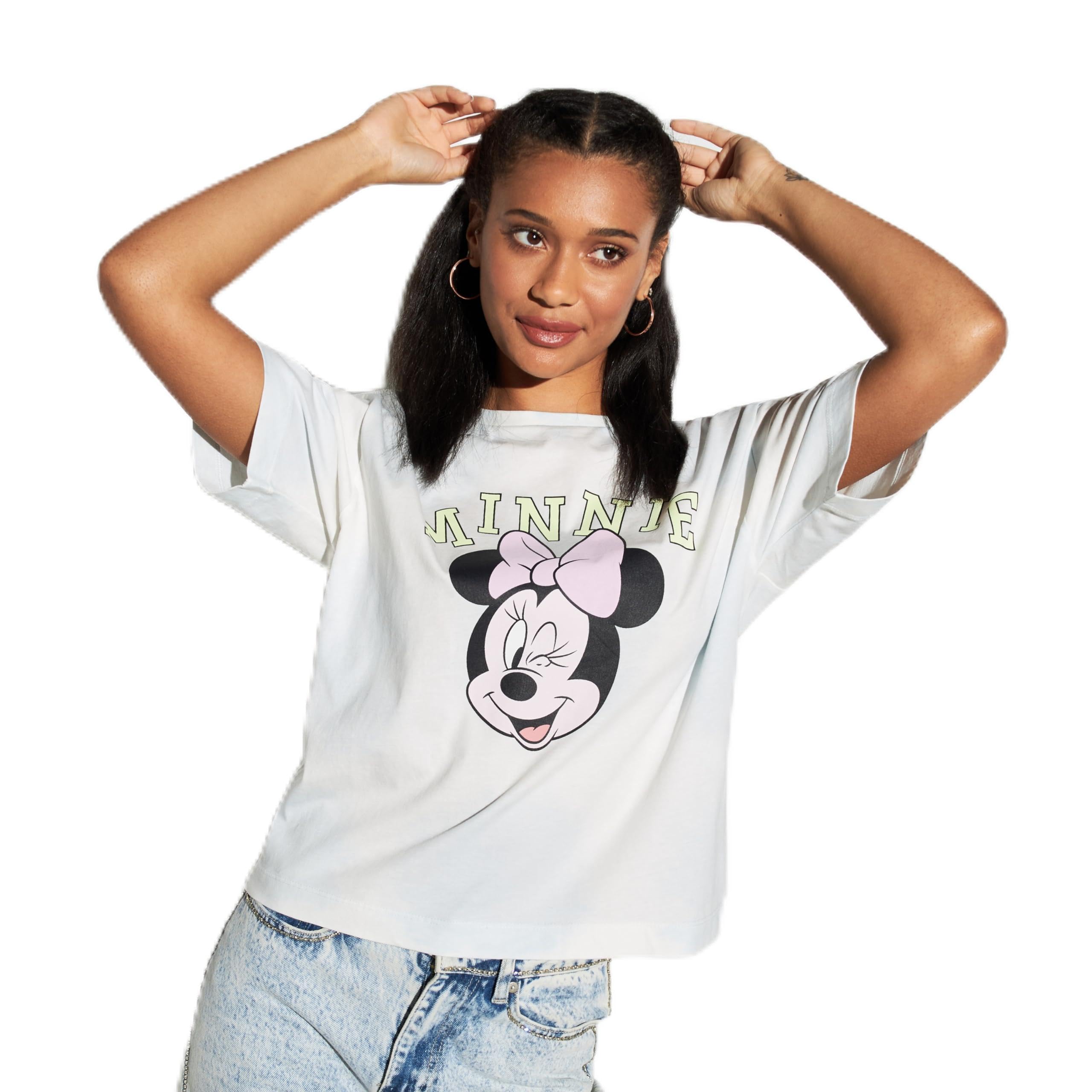 SP CharactersWomen Minnie Mouse Print Crop Boxy T-Shirt With Crew Neck And Drop Shoulder Sleeves
