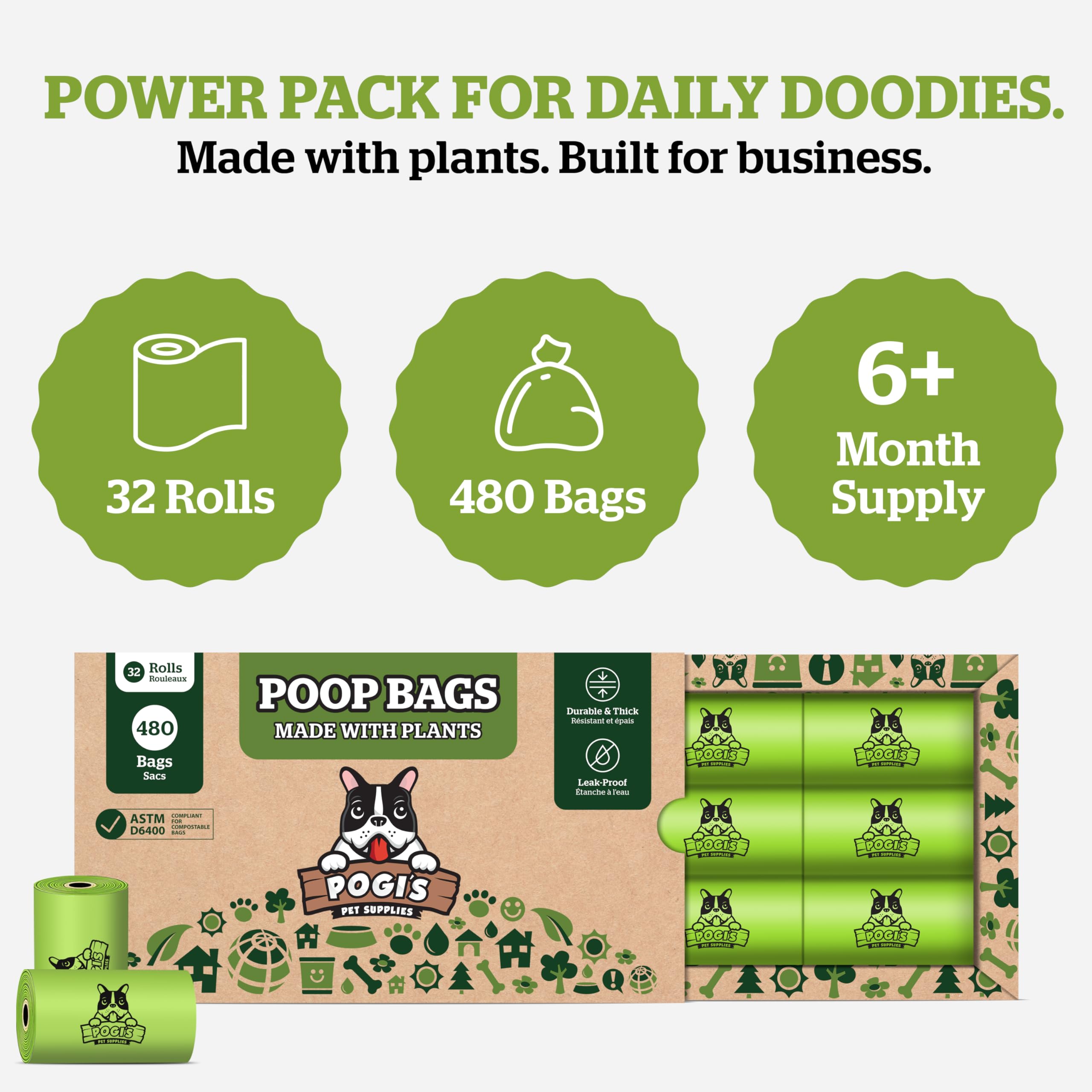 Pogi's Poop Bags - Bolsas Compostables para excremento de Perro - 32 Rollos (480 Bolsas) - Impermeable, Vegetal, Bolsas Compostables para Residuos de Perros con Certificación ASTM D6400, EN 13432