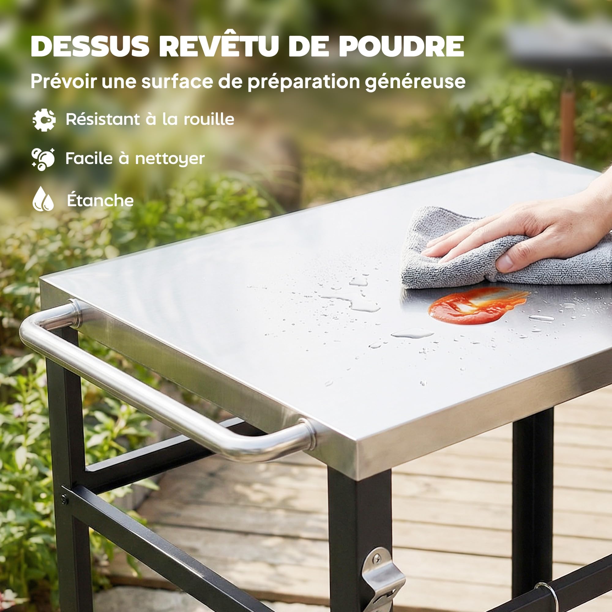 Outsunny Desserte Jardin Chariot de Barbecue sur roulettes îlot de Cuisine Plateau en Acier Inoxydable étagère Ouverte Crochets, poignée et Roues verrouillables, 82 x 55 x 79 cm, Noir