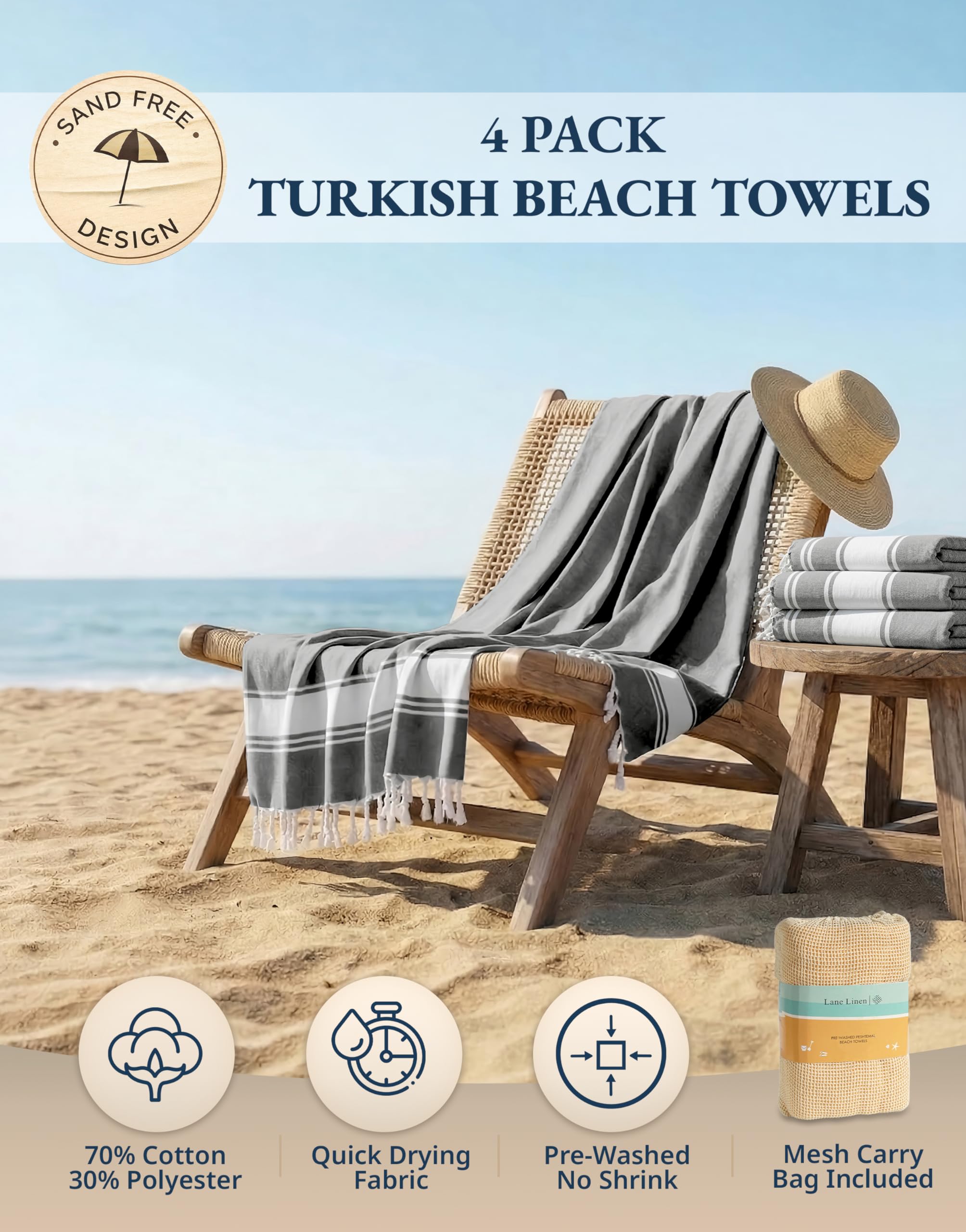 LANE LINEN Lot de 4 serviettes de plage 100 % coton avec sac, surdimensionnées, absorbantes pour piscine, voyage au sable, séchage rapide, 99 x 180 cm, noir fumé