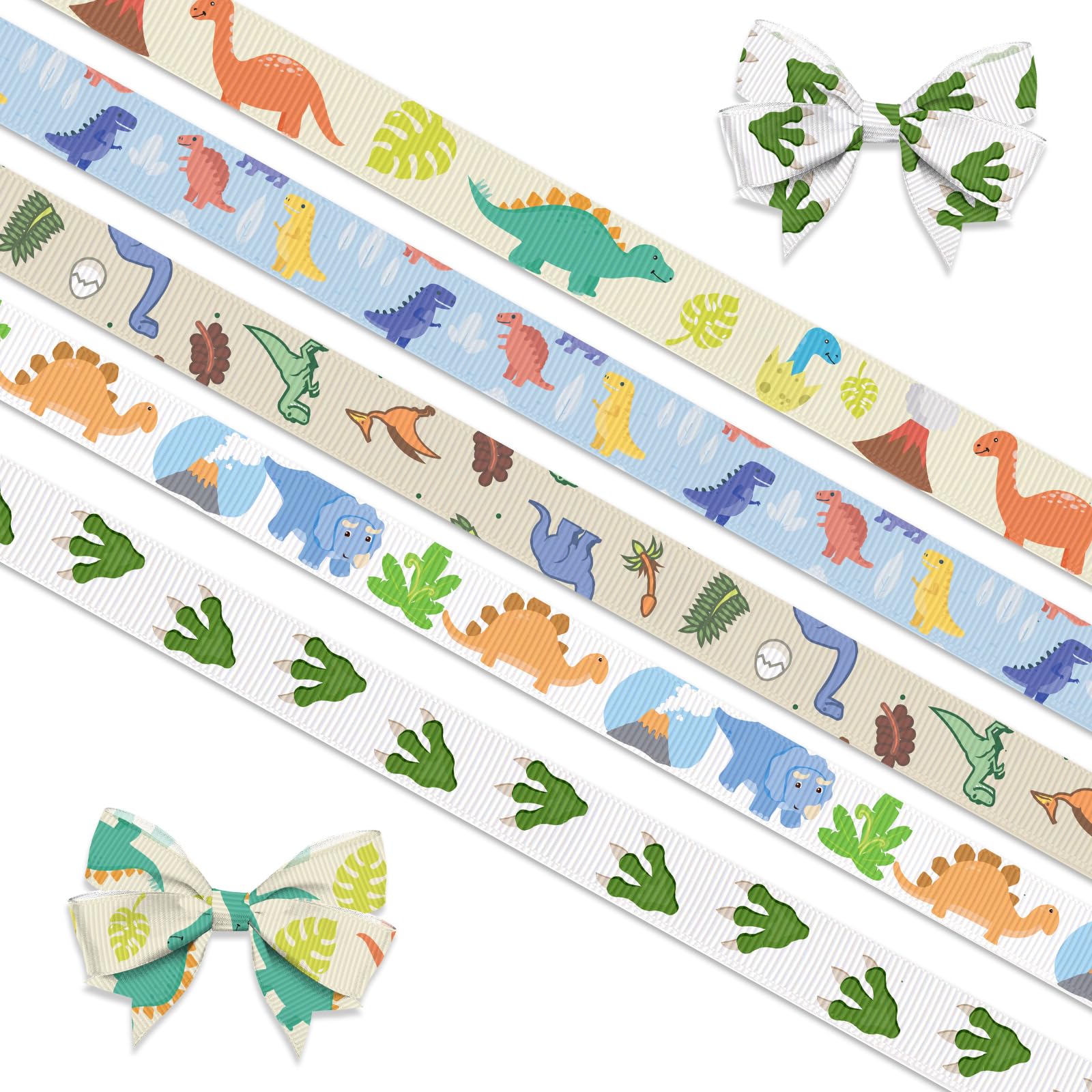 5 PCS Birthday Dinosaurs Ribbons for Crafting, 3/8" Width Grosgrain Ribbons Cartoon Animal World Craft Ribbons for Gift Wrapping Baby Shower