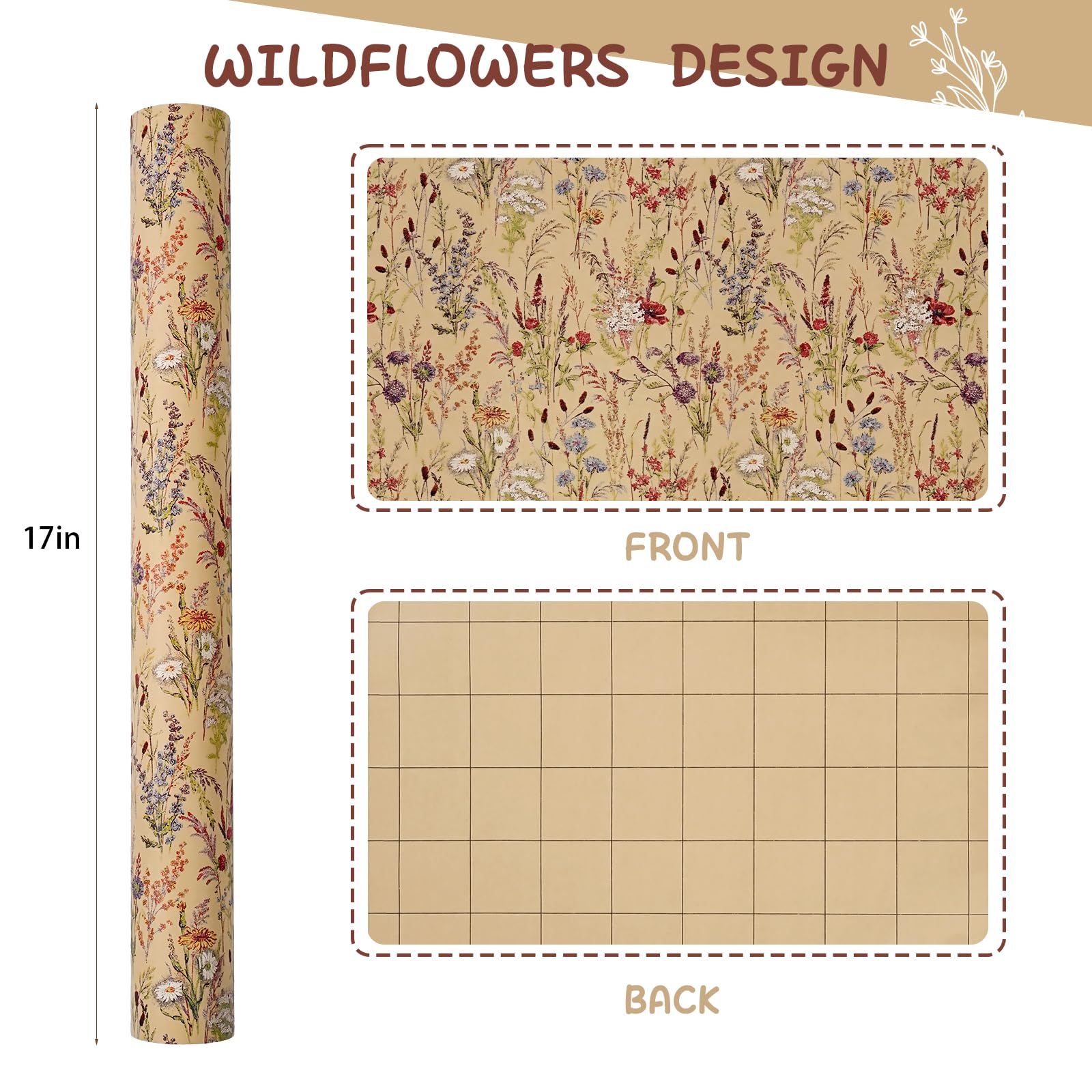 Tyzarglef Geschenkpapier mit Wildblumen-Motiv, 43,2 cm x 100 cm, Kraftpapier, Blumendesign, Geschenkpapier für Frauen, Mädchen, Geschenke, Geburtstage, Hochzeiten, Brautpartys und Verlobungen