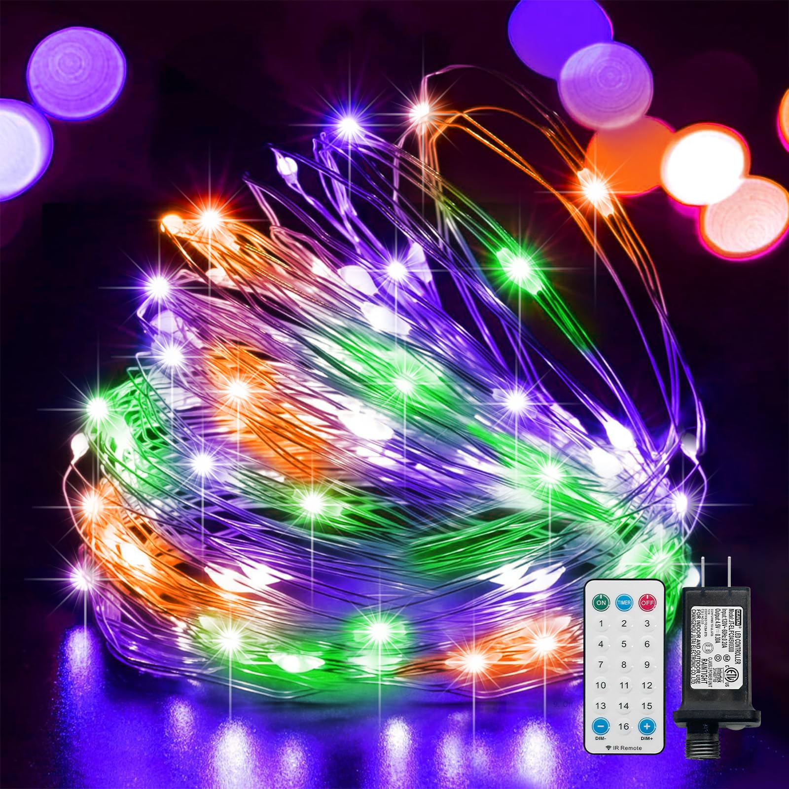 LAMPHOME Halloween Fairy Lights Plug in, 33Ft 100 LEDs Waterproof Twinkle Firefly Lights, Adaptor Included, Starry String Lights for Wedding Indoor Outdoor Christmas Patio Garden, Orange Purple Green