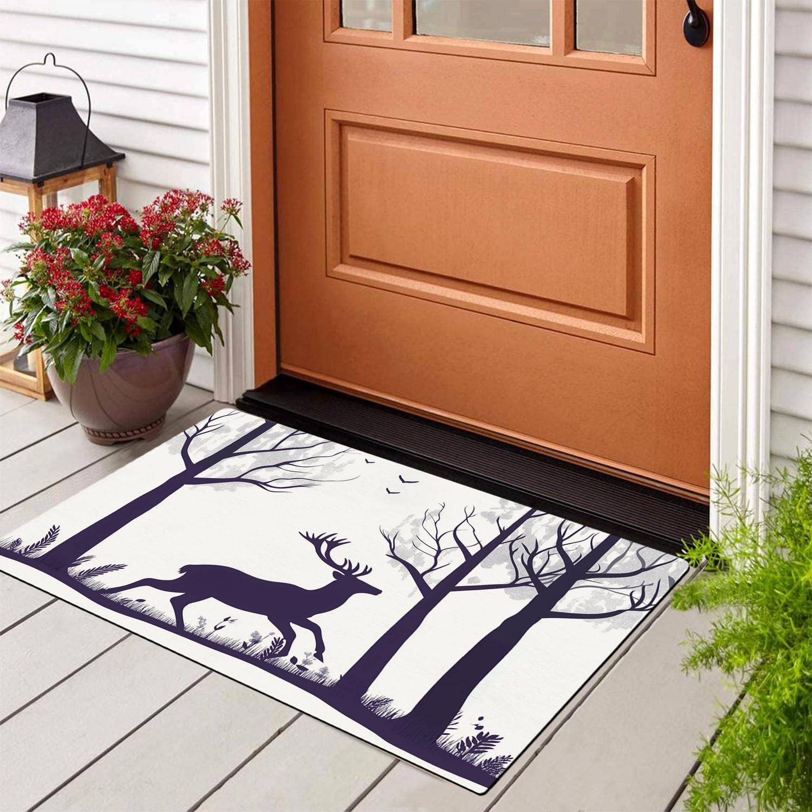 Navidad Antideslizante Felpudo, 90 x 150 cm Alfombra Entrada, Alfombras de Decoración de Resumen Bosque, Sencillo Reno Silueta Welcome Tapete de Puerta para Salón Baño Cocina, Blanco