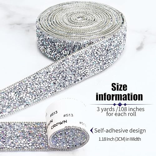 Miniatura 2 de Dowarm Cinta de diamantes de imitación plateada de 3 yardas, cinta autoadhesiva de diamantes de imitación, tiras brillantes para manualidades,