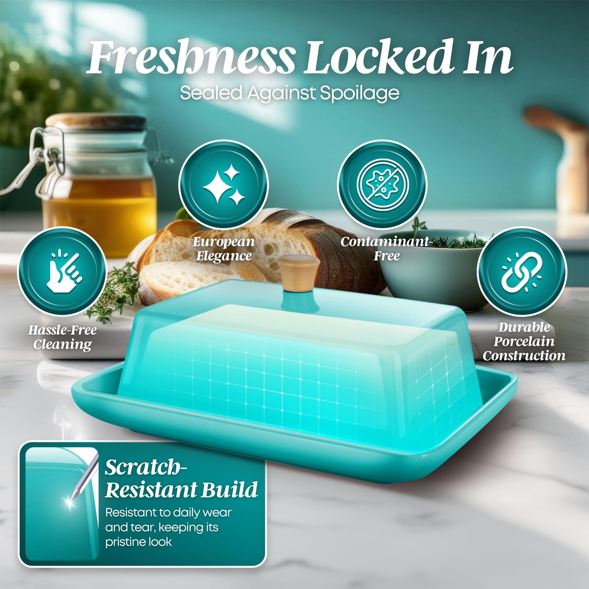 Flexzion Keramische Blau europäische Butterdose mit Deckel für die Arbeitsplatte (20,3 cm) – breite Doppel-Butterdose für 2 Stangen, Aufbewahrung für Frischkäse
