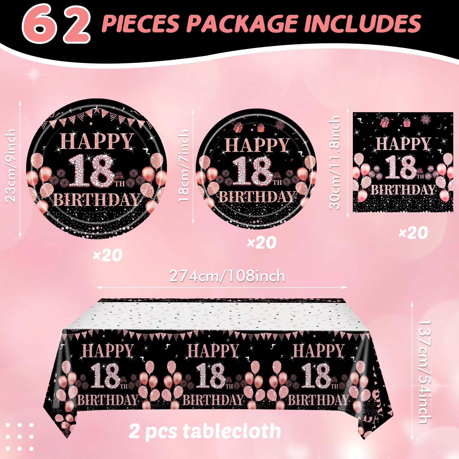 62Pcs 18th Birthday Decorations for Girls Her, Rose Gold Birthday Party Supplies Include 20 7''Plates 20 9'' Plates 20 Napkins and 2 Tablecloth, Rose Gold Princess Party Tableware for 20 Guests